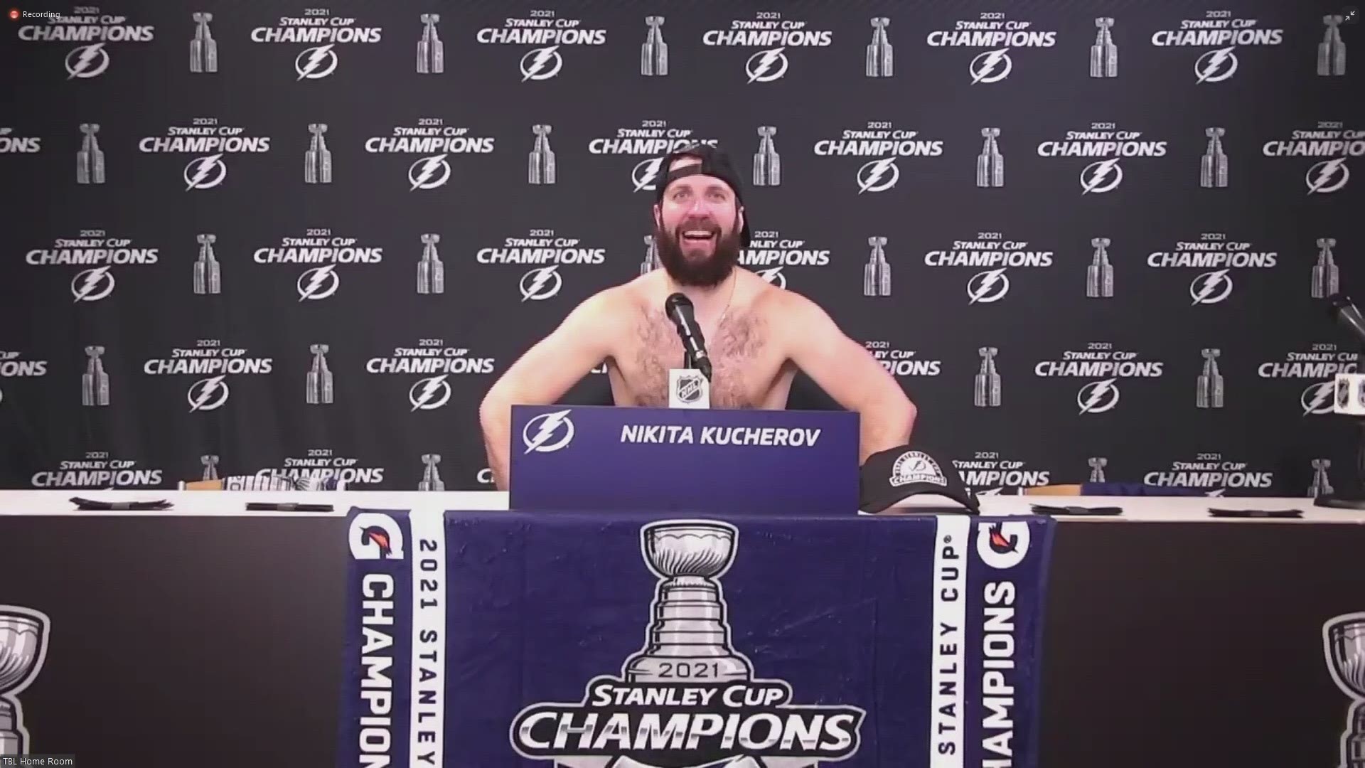 Nikita Kucherov gave a shirtless postgame press conference while drinking Bud Lite after the Lightning's Stanley Cup win.