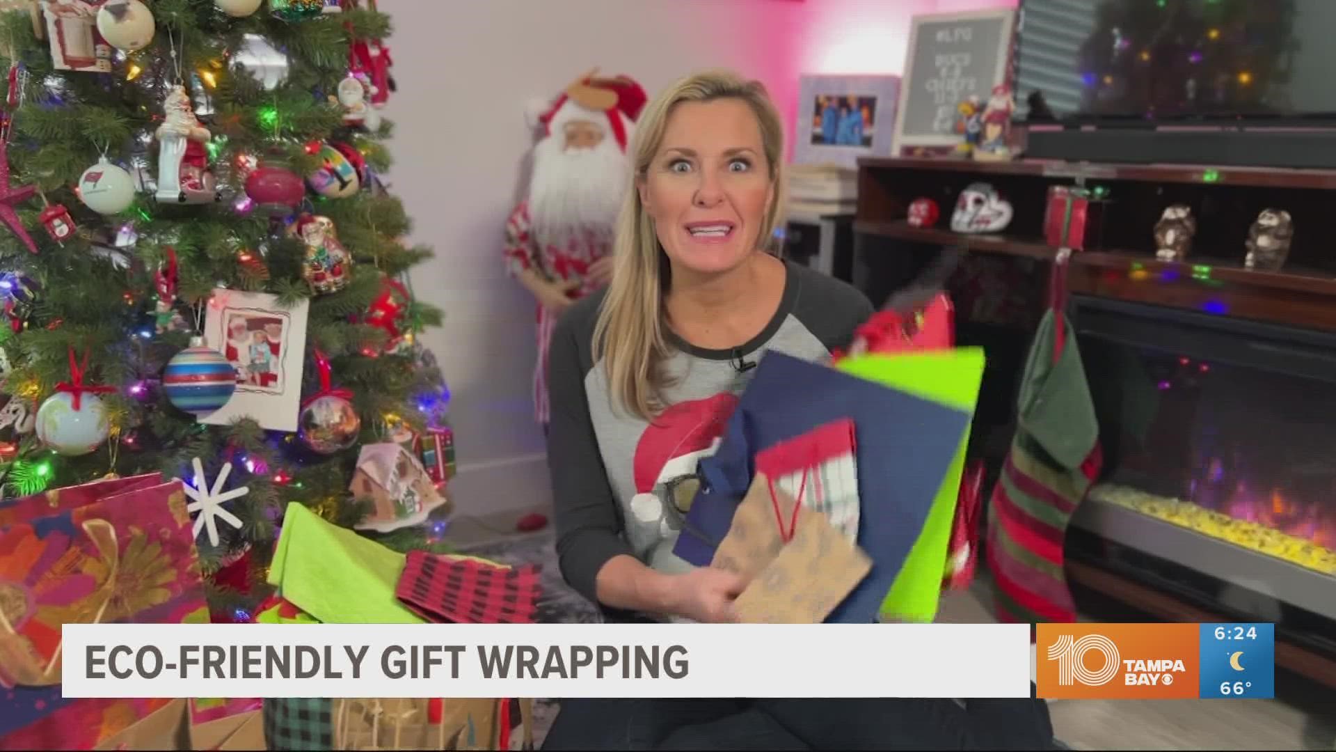 One key element to eco-friendly gift wrapping is making sure your wrapping paper isn't waxy, glittery or shiny. But, you can still make your gifts festive!