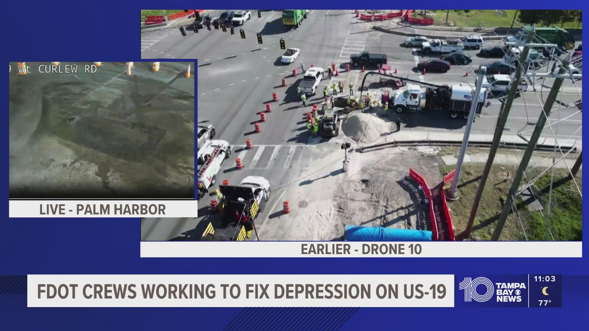 Crews work to fix depression that opened on US 19 at Curlew Road