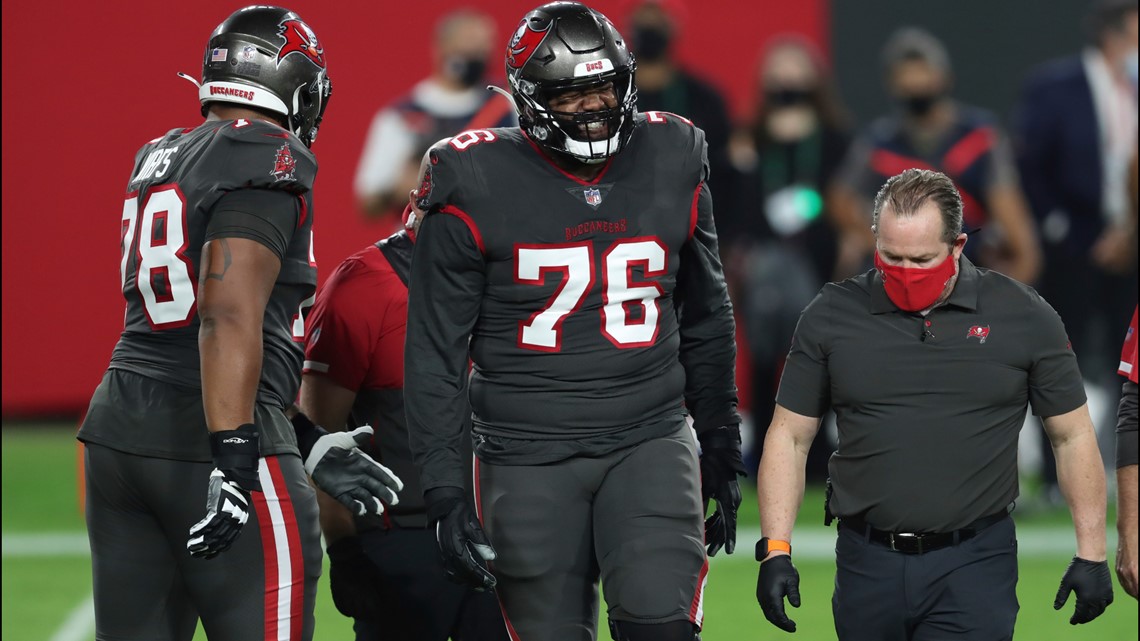 Tampa Bay Buccaneers offensive tackle Donovan Smith (76) walks off