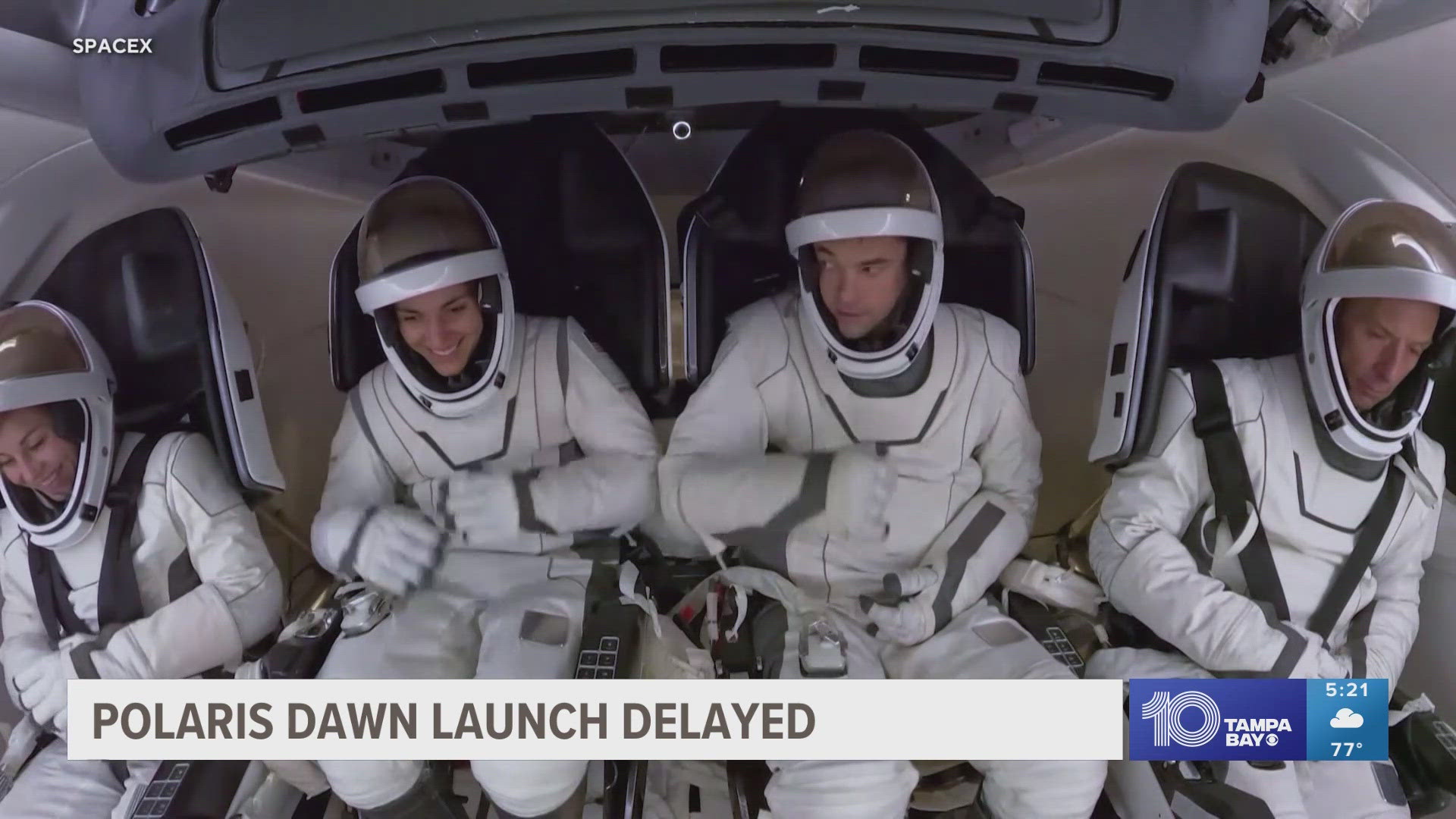 SpaceX postponed the launch due to a helium leak. The historic mission will feature the first private spacewalk.