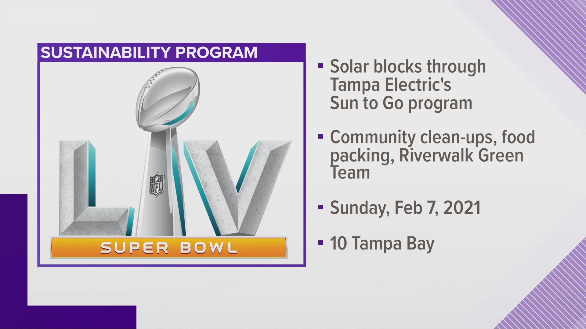 The program is in partnership with Tampa Electric and includes setting up solar blocks at Super Bowl events through TECO's Sun to Go program.