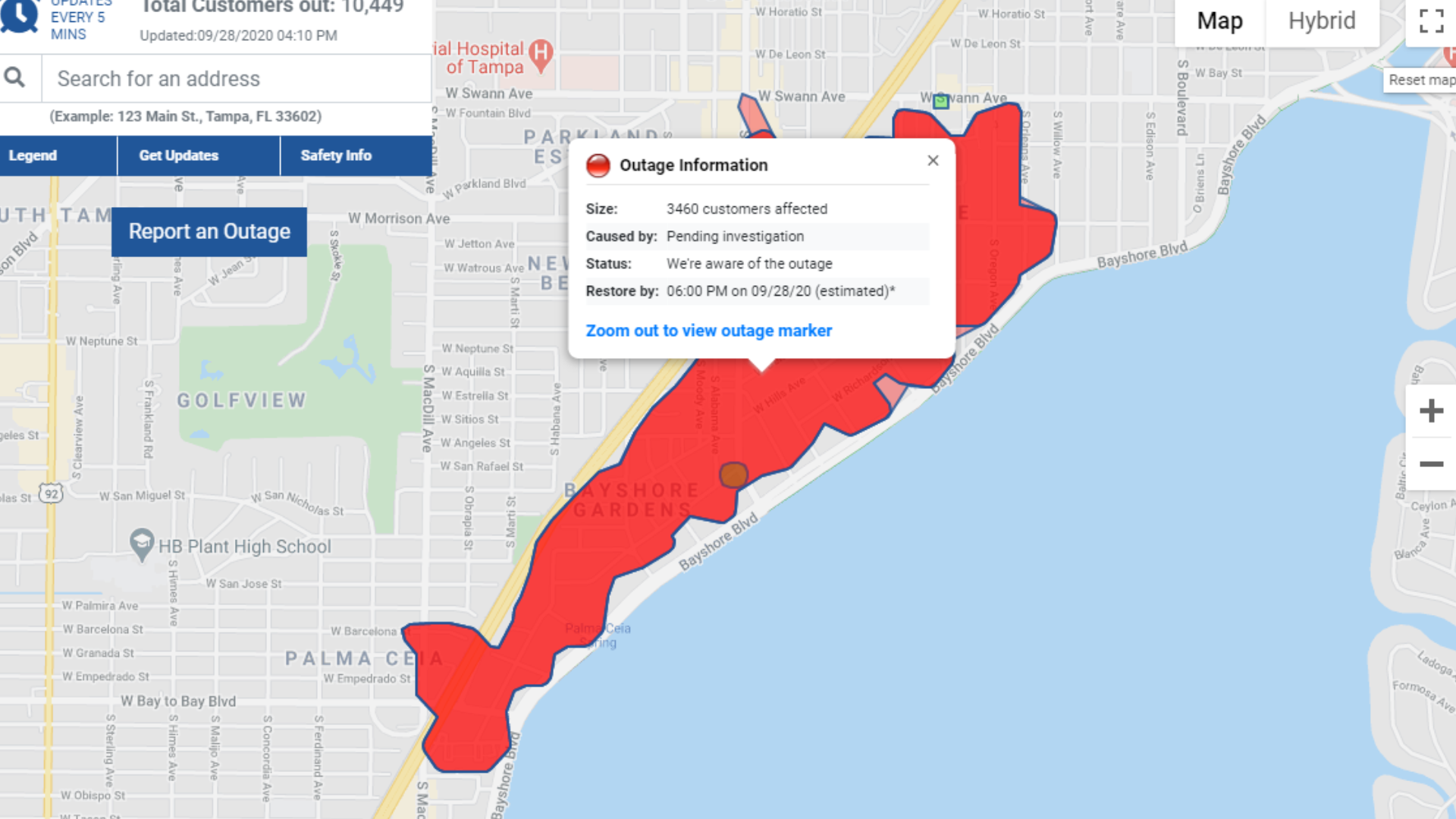 TECO reports Tampa power outage near Bayshore Boulevard