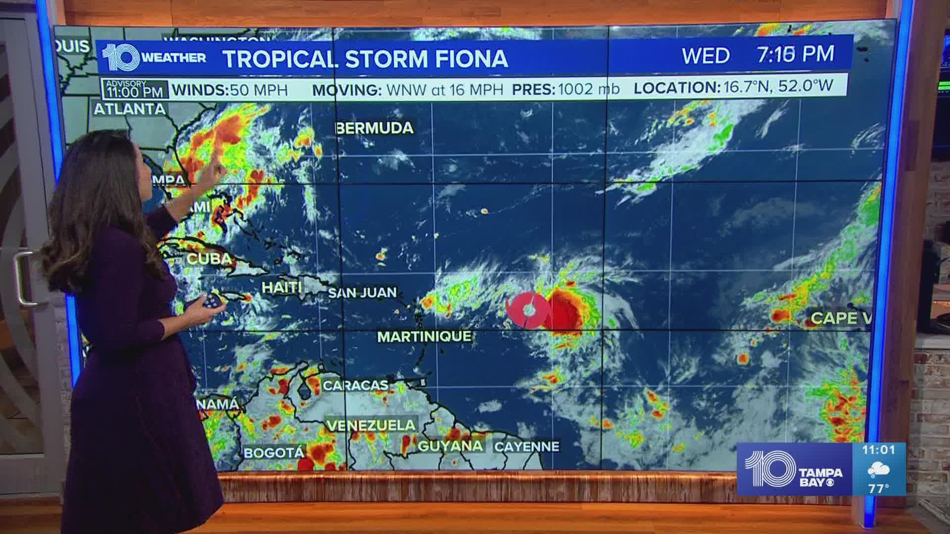 Satellite data shows Tropical Depression Seven strengthened Wednesday night, becoming Tropical Storm Fiona as it moves toward the Leeward Islands and Puerto Rico.