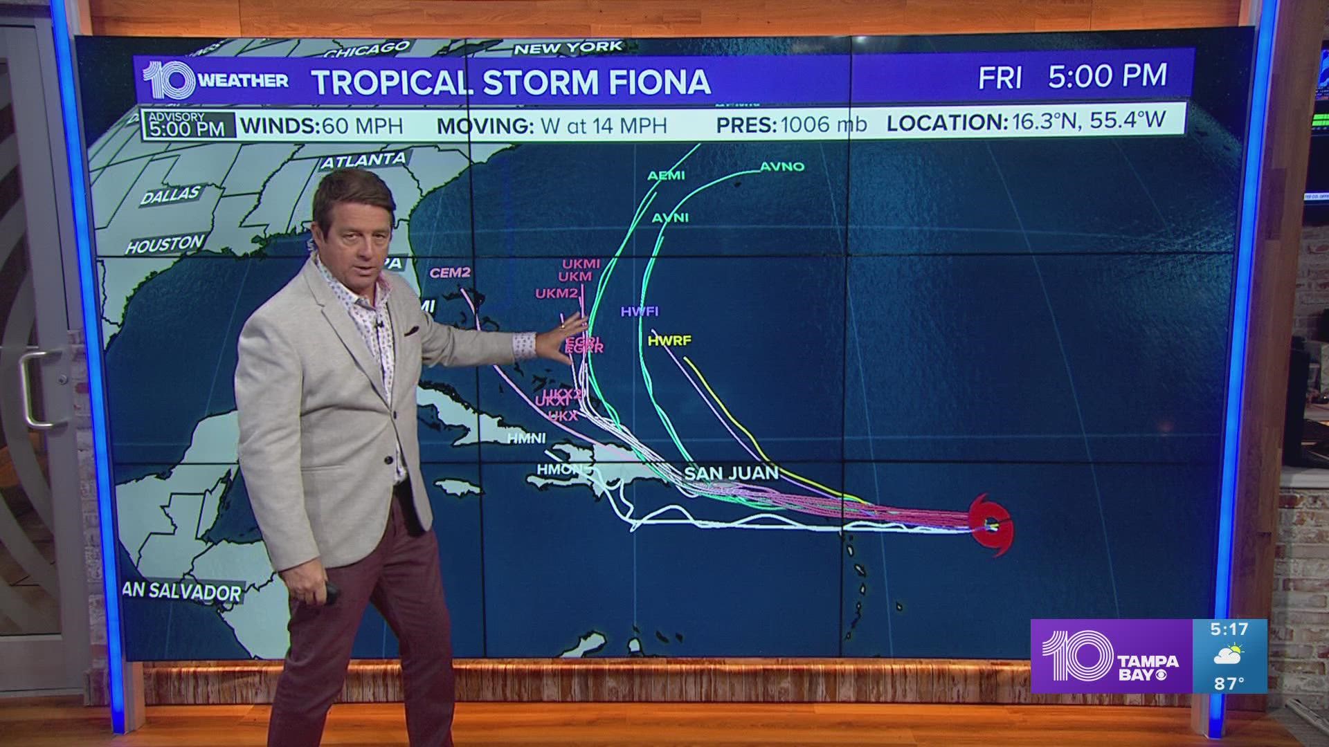 Despite battling wind shear and dry air, Tropical Storm Fiona continues to track west toward the Caribbean.