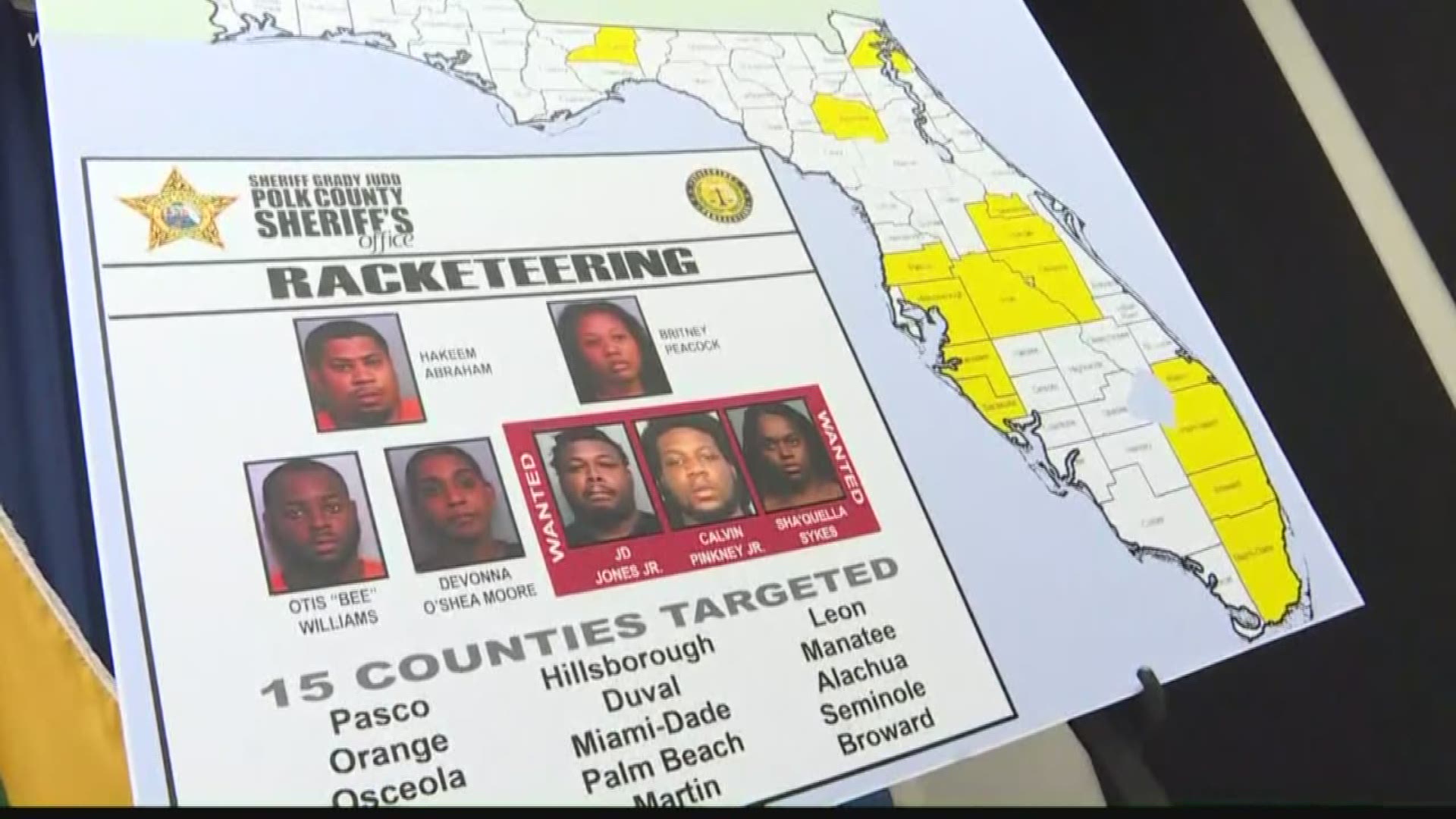 Polk County Sheriff Grady Judd said Thursday that at least seven people were involved in a statewide money laundering, racketeering and fraud ring.

The sheriff said the office's investigation found a total financial loss of $87,500. 

Judd said out of the seven people accused, four have been arrested in Polk County and the other three have been charged out of Miami. Detectives say all of them have been working together since January 2019. https://on.wtsp.com/2M4YiOl