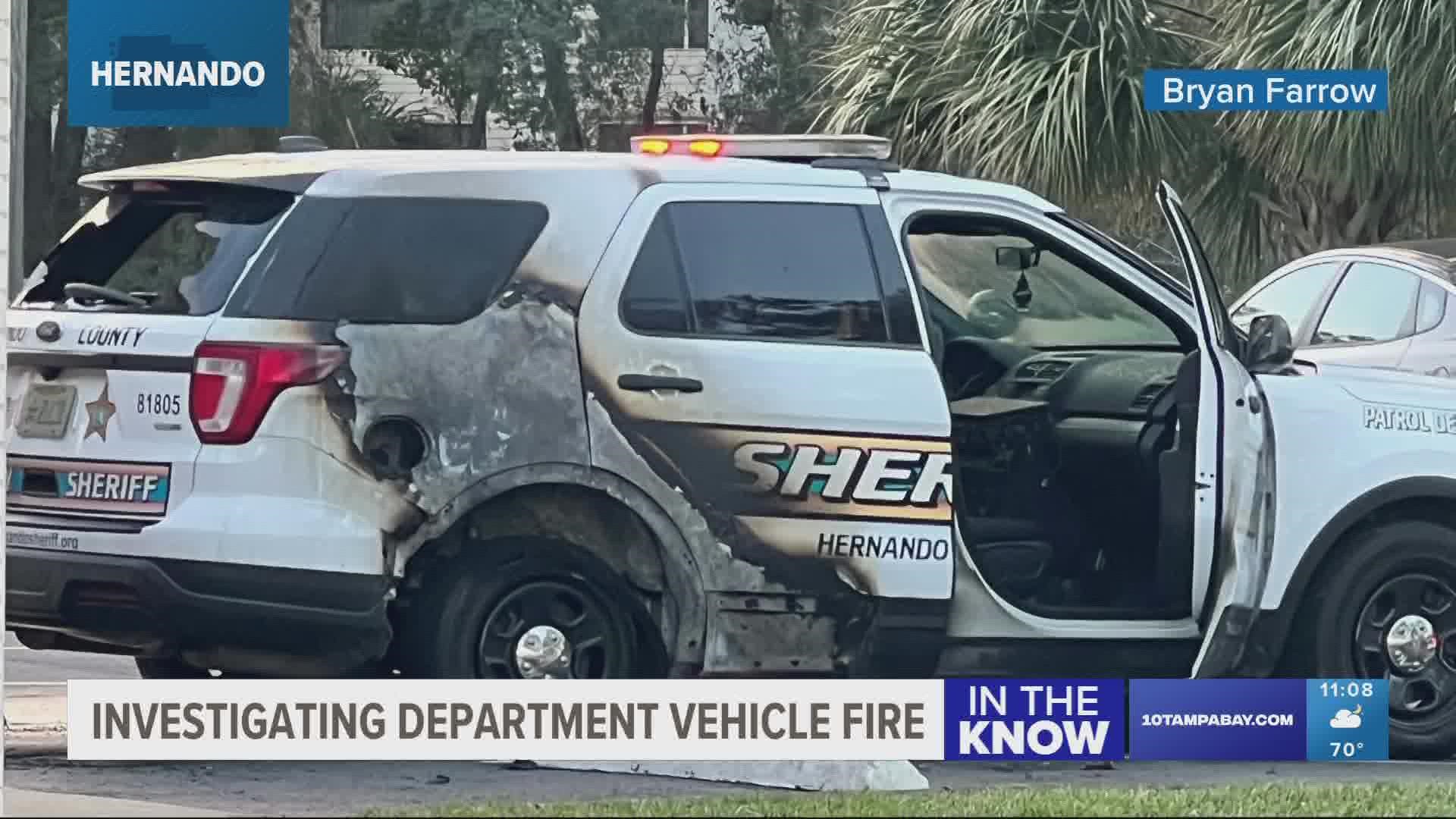 Photos of the patrol SUV show heavy fire damage on the right, backside of the car. The back window is also broken out.