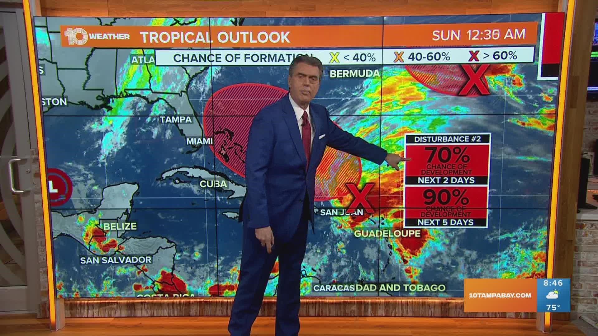 The National Hurricane Center is closely monitoring an area in the northeastern Caribbean Sea and southwestern Atlantic, we'll call this "Disturbance #2."