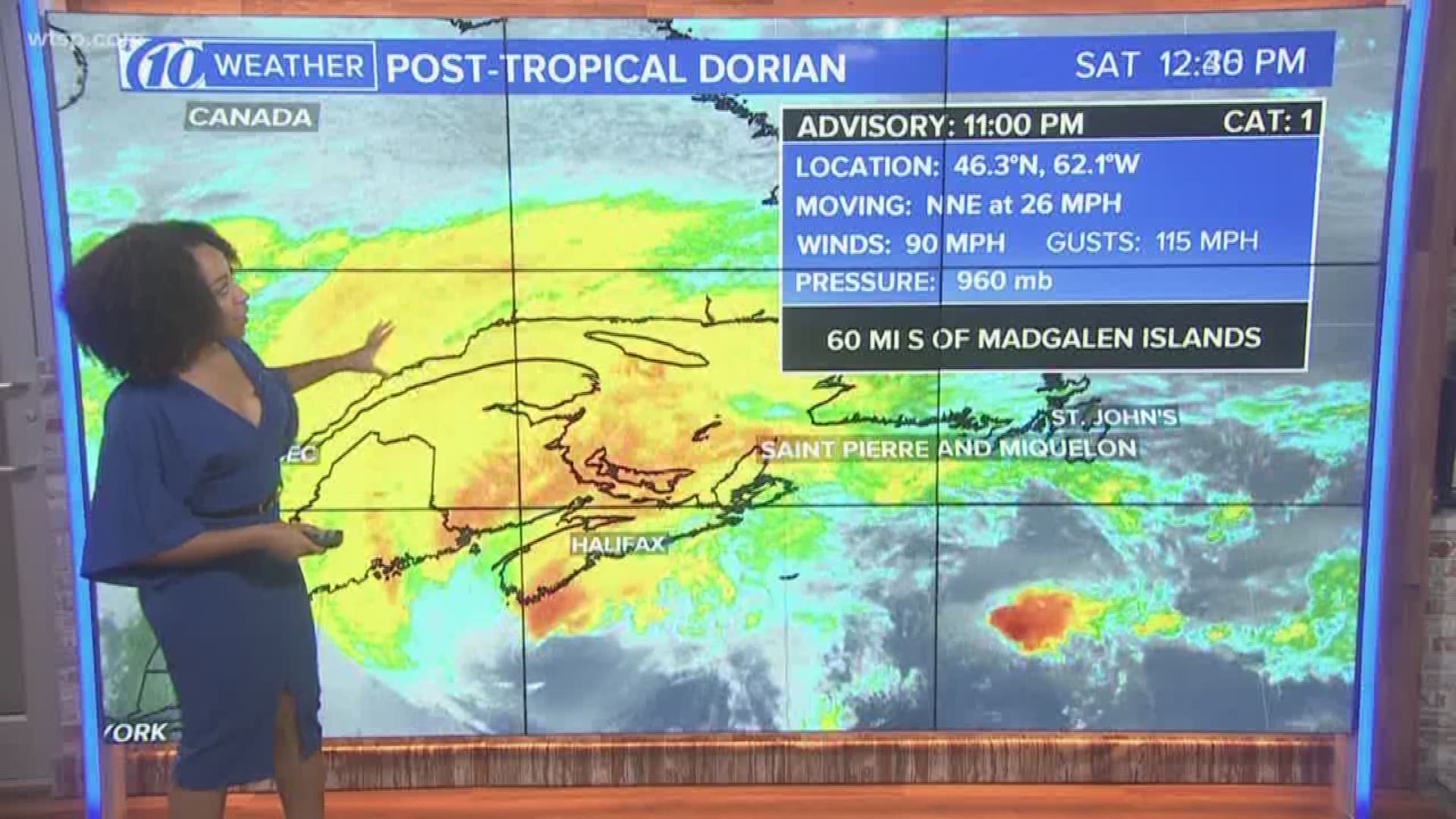 Dorian makes landfall near Sambro Creek in Nova Scotia, Canada. It is no longer a hurricane but is still packing high winds.
