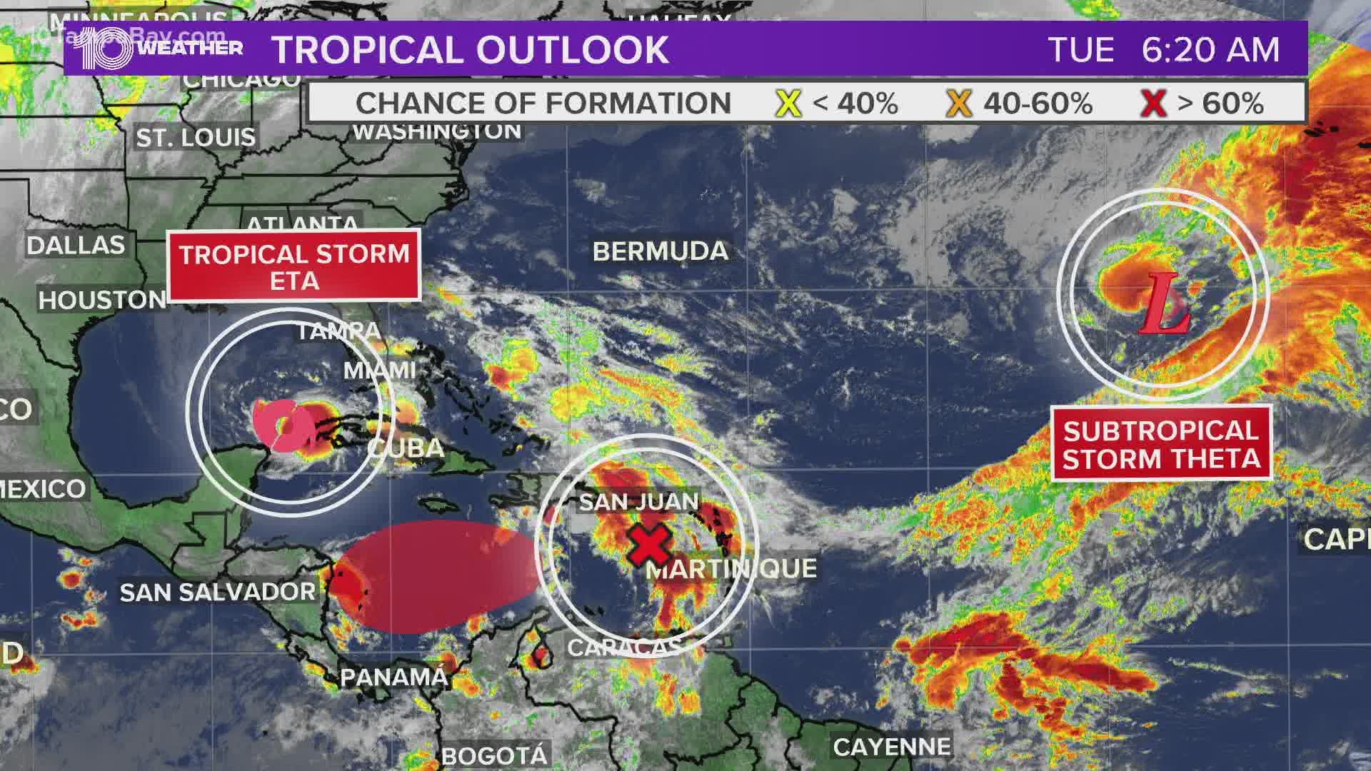 Subtropical Storm Theta forms over open Atlantic; 29th named storm of