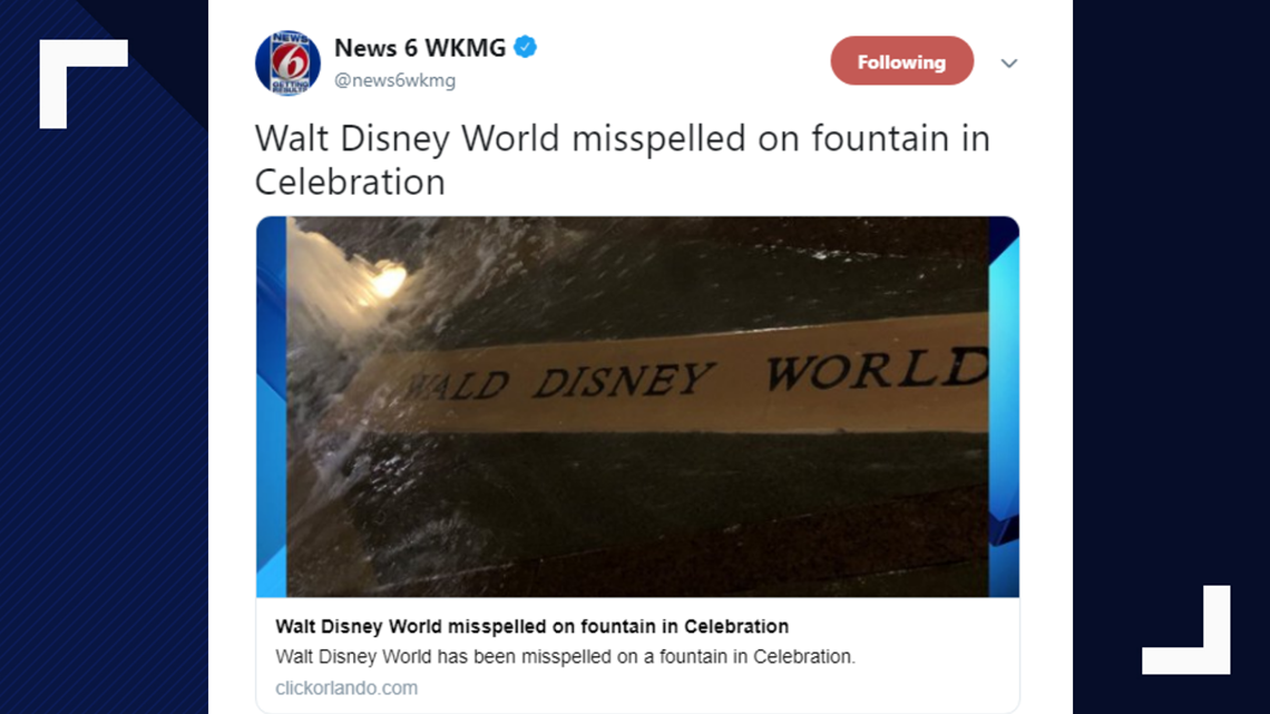 'Wald' Disney World misspelled on fountain in Celebration, Florida