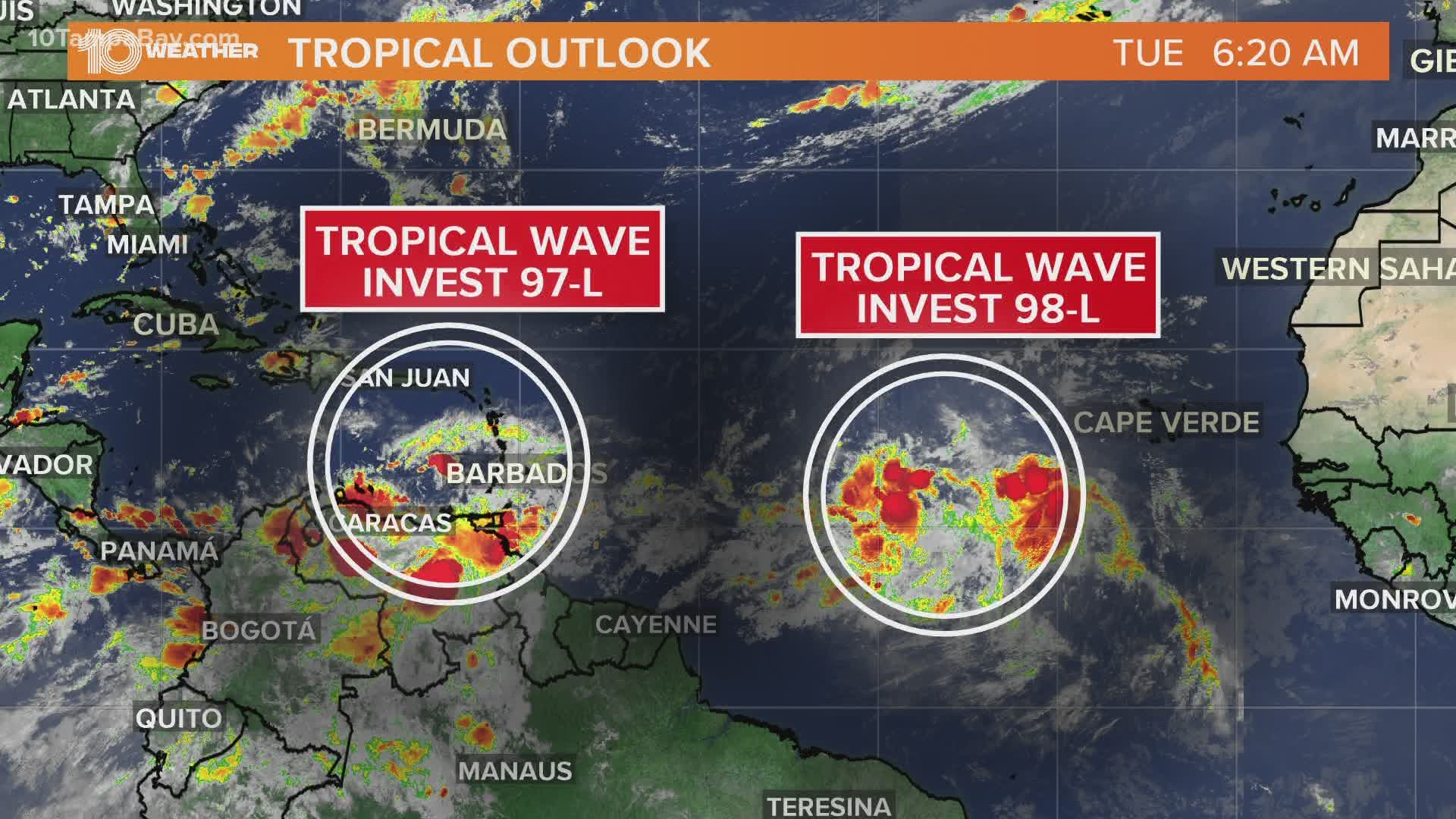 Two tropical waves have at least a 60-percent chance of development into a tropical depression or storm in the coming days.