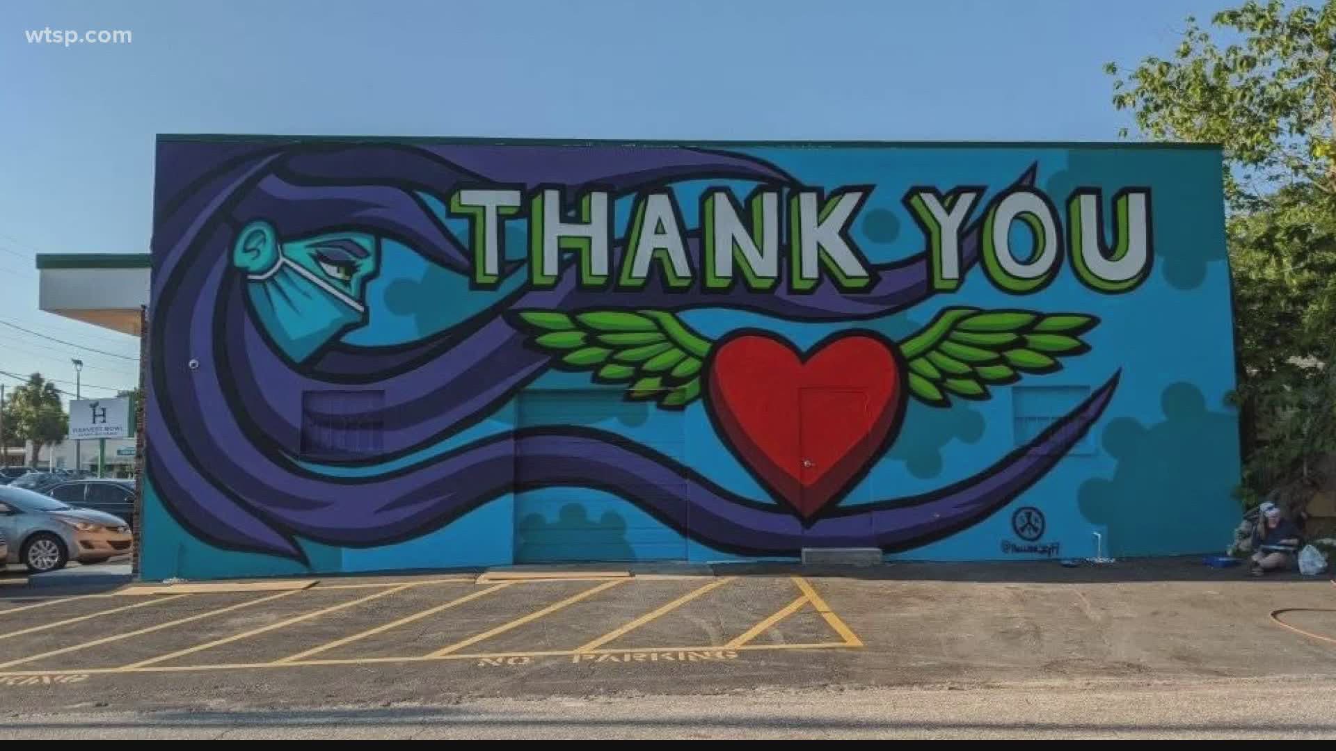 Skylar Suarez painted a 'thank you' mural to honor men and women serving as first responders during the COVID-19 pandemic.