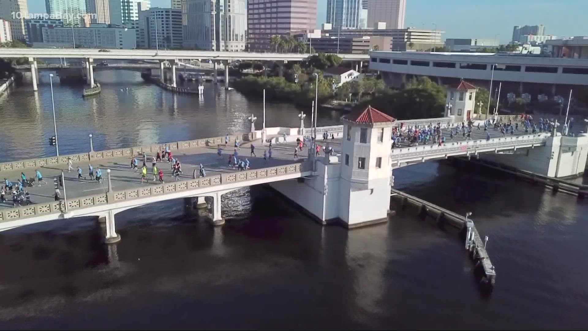 Participants in the Skyway 10K will meet at Tropicana Park to ride on buses to and from the Sunshine Skyway Bridge.