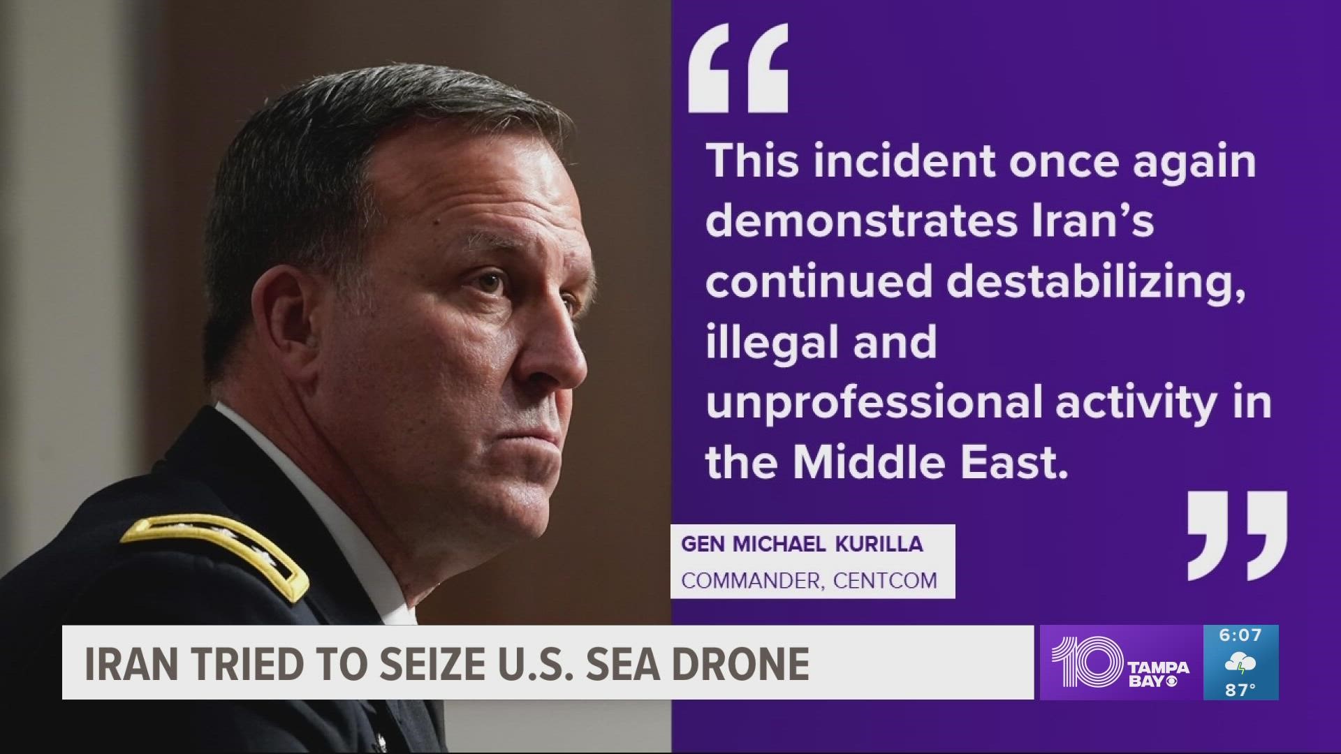 The incident marks the first time the Navy's Mideast-based 5th Fleet's new drone task force has been targeted by Iran.