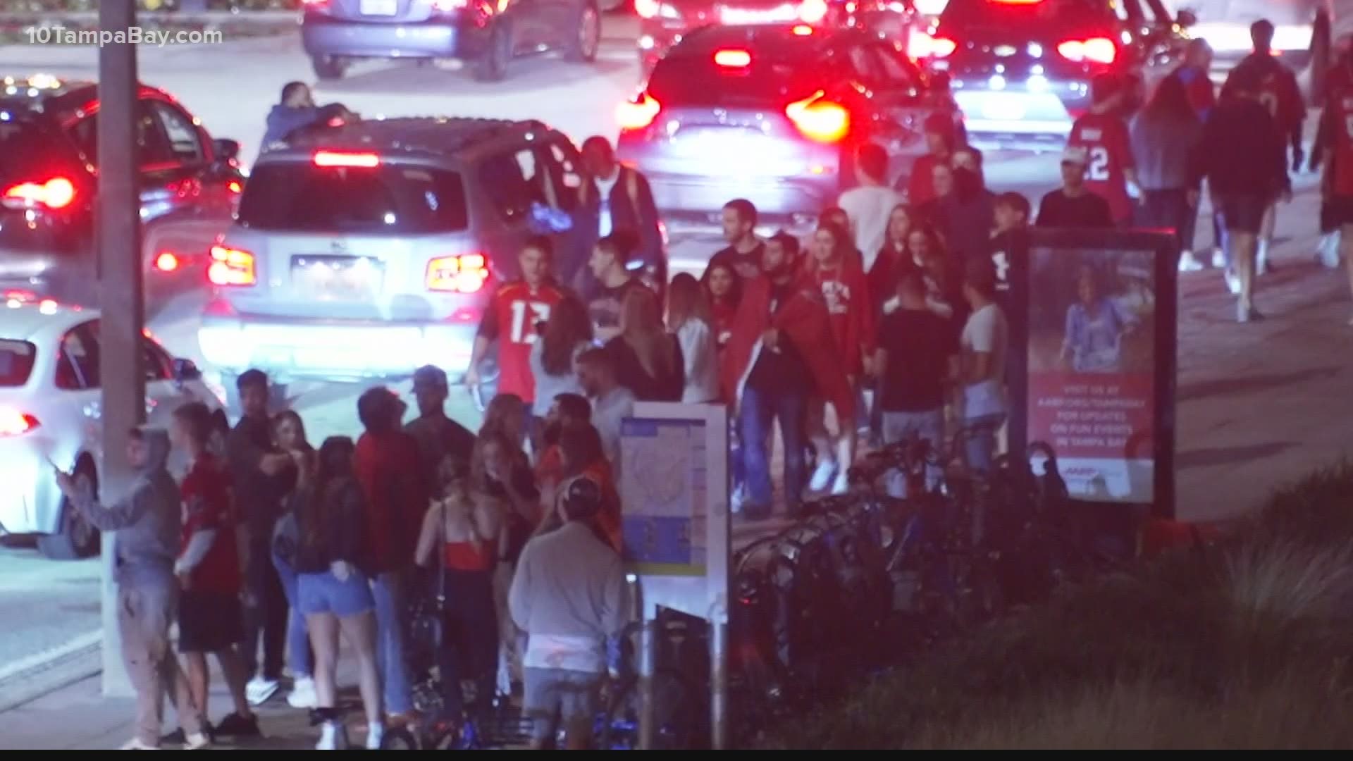 Spontaneous celebrations broke out all over Tampa Bay after the Bucs beat the Chiefs 31-9 in Super Bowl LV.