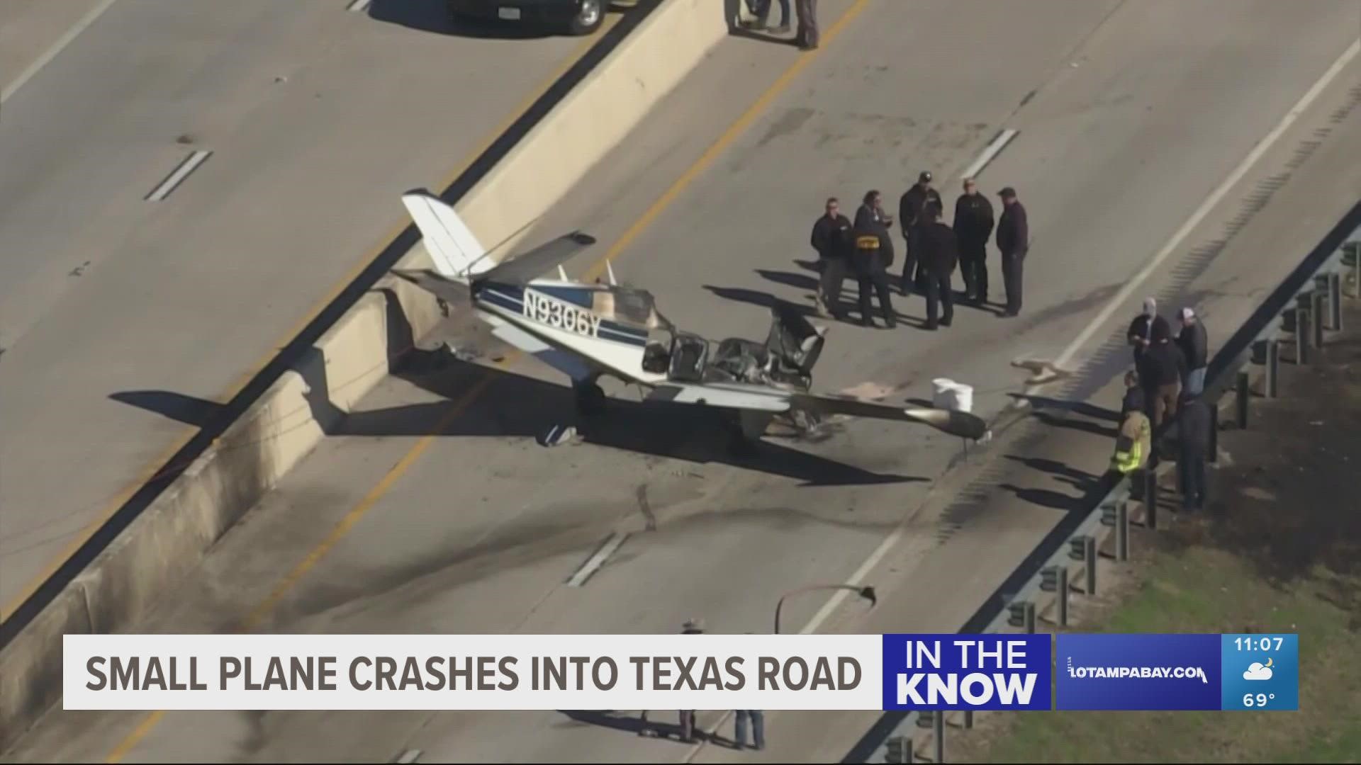 Officials said the plane actually hit the roof of an 18-wheeler on its way down. No injuries were reported.