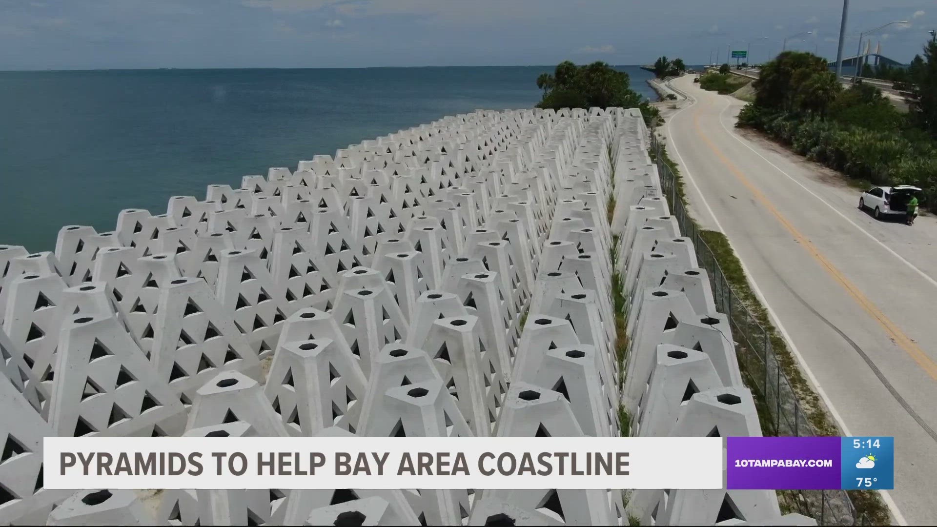 The cement pyramids work to reduce wave energy and protect against erosion along the infrastructure.