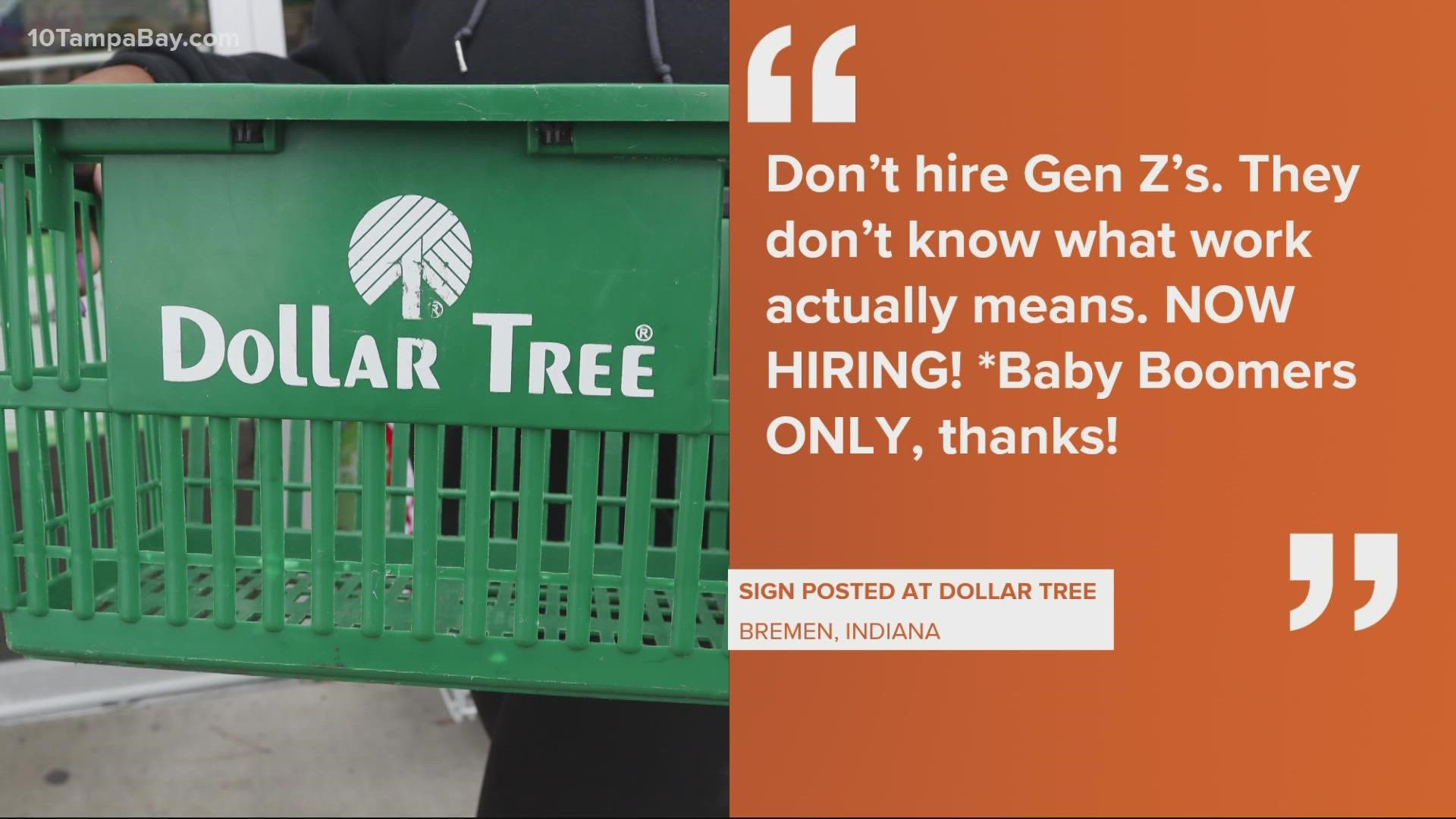 A store manager no longer works at Dollar Tree after posting a help wanted sign calling for "baby boomers only" to apply.