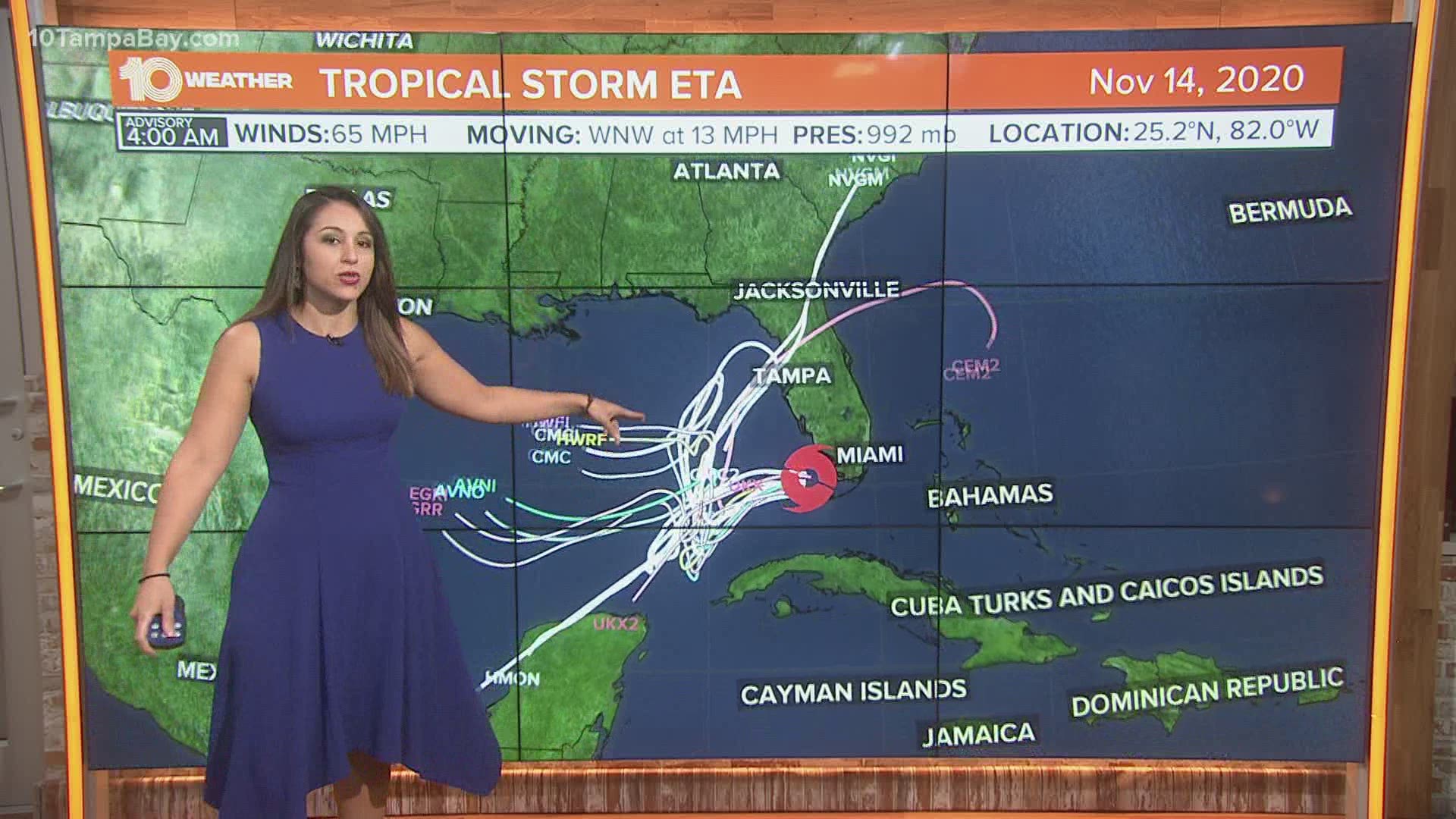 Tropical Storm Eta is bringing rain and windy conditions to the Tampa Bay area Monday morning.