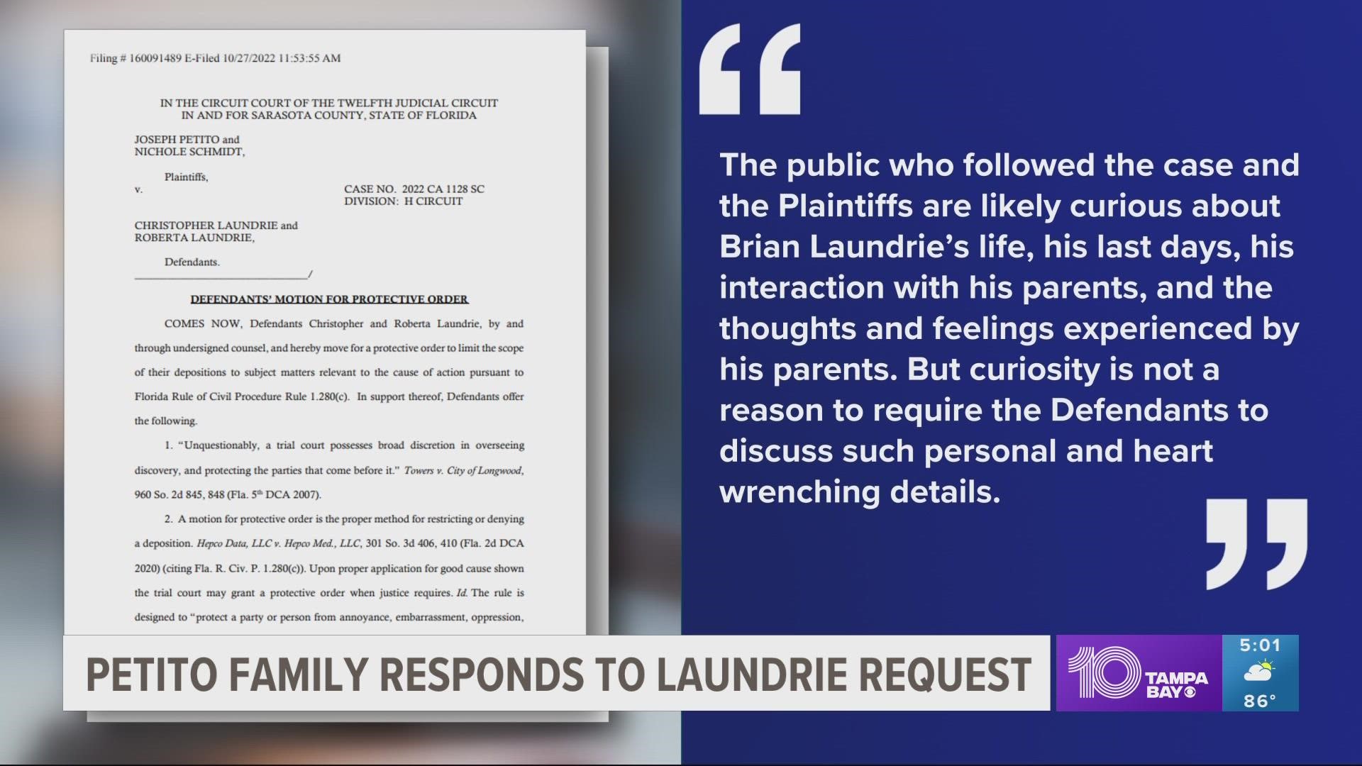 The attorney for Gabby Petito's parents called the motion filed premature and another example of the Laundrie family refusing to provide answers.