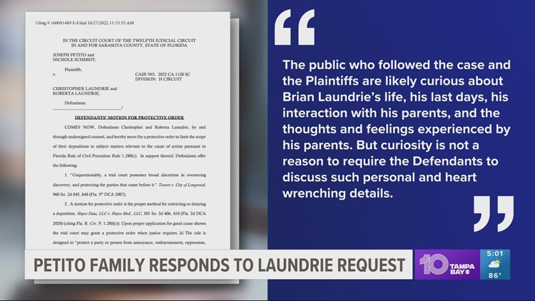 Brian Laundrie's parents file to limit depositions in Petito suit, protect them from 'annoyance, embarrassment'