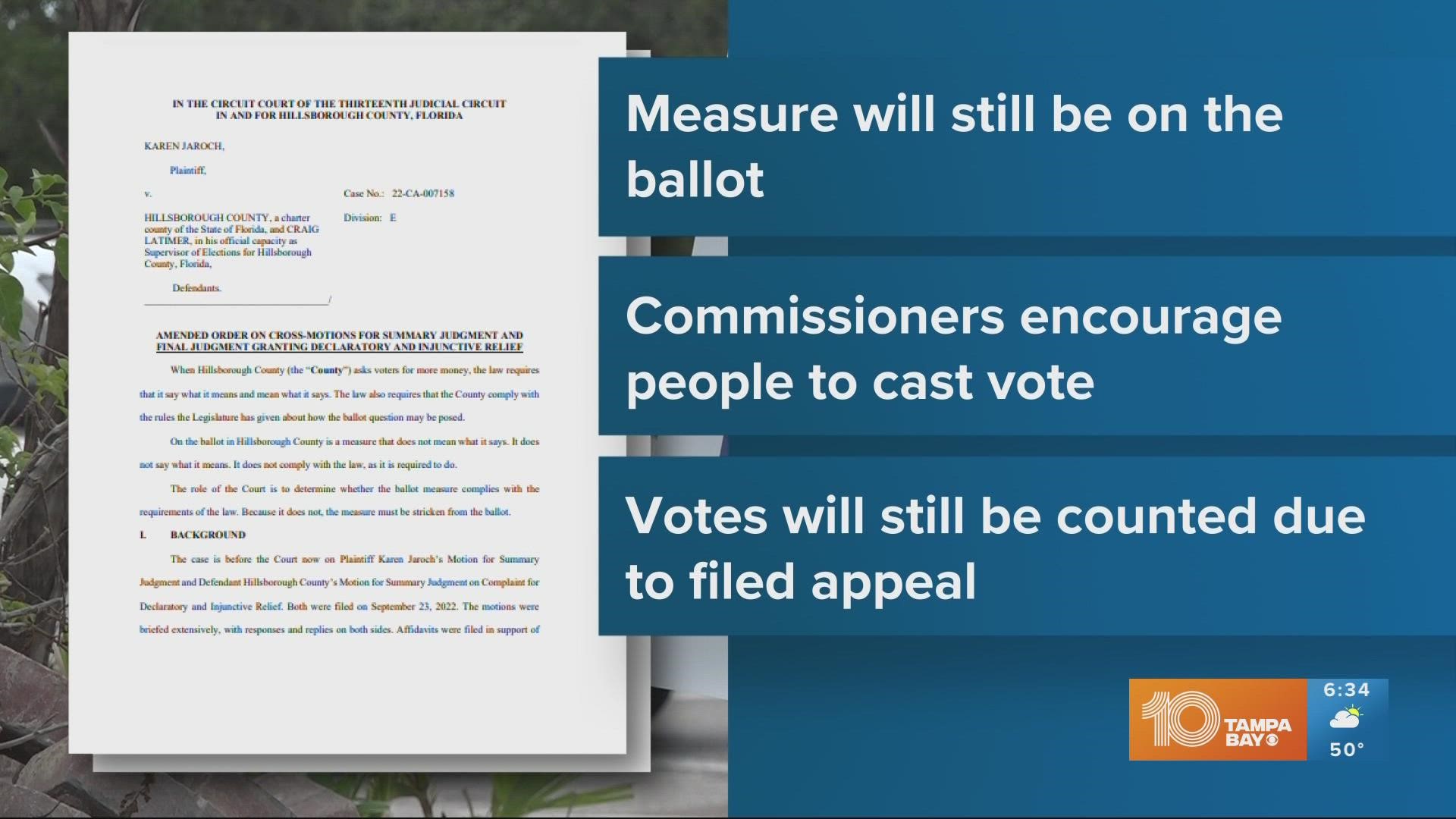 Voters in the county will still see the proposal on the ballot next month because officials filed a notice of appeal last week.