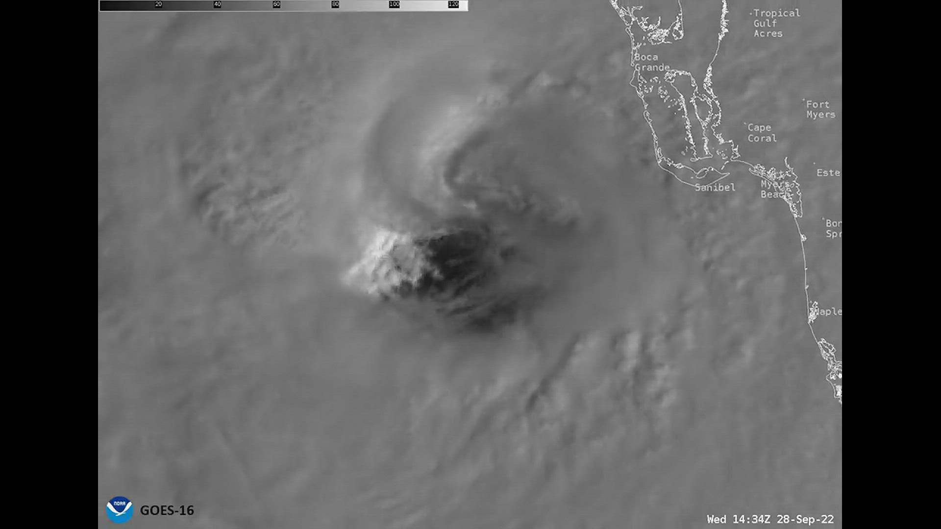 NOAA's GOES-16 satellite captured this image of the inside of Hurricane Ian's eye as the storm approached Florida.