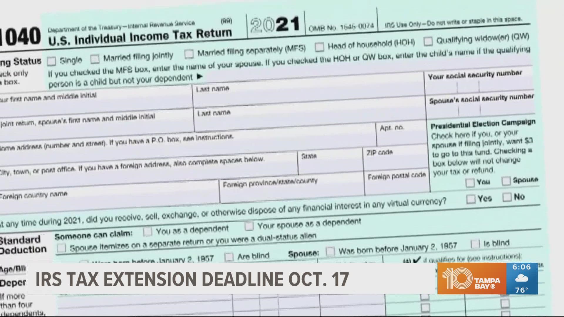 You have until Oct. 17, 2022, to file your 2021 income tax return if you requested an extension. The IRS encourages taxpayers to file electronically ASAP.