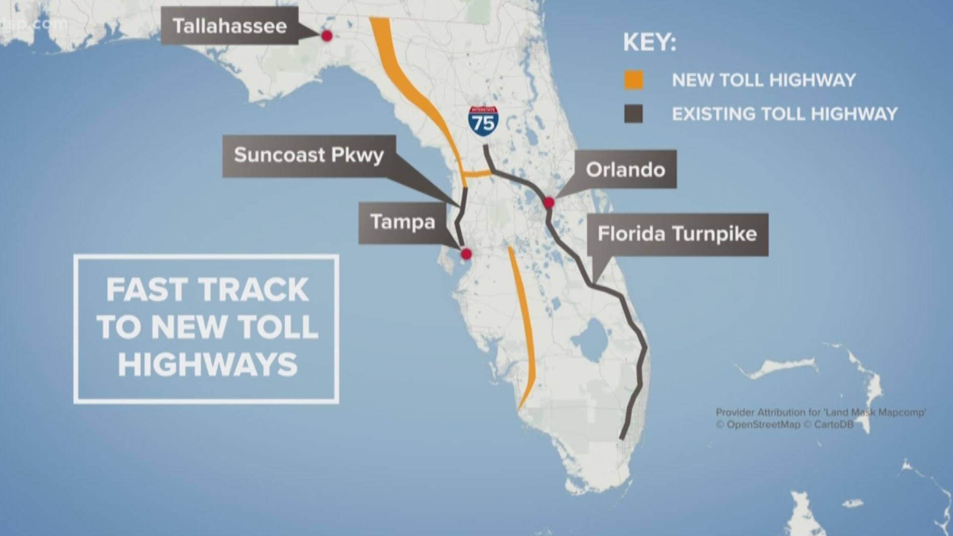 Three new toll routes are planned for Florida: One entirely new road from Polk to Collier County, an extension of the Florida Turnpike west to connect to the Suncoast Parkway and an extension of the Suncoast Parkway to the Georgia border.