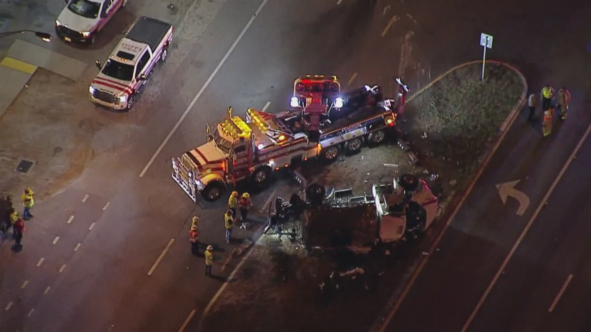 Aerial footage from Sky10 appears to show a tanker truck overturned in the median.