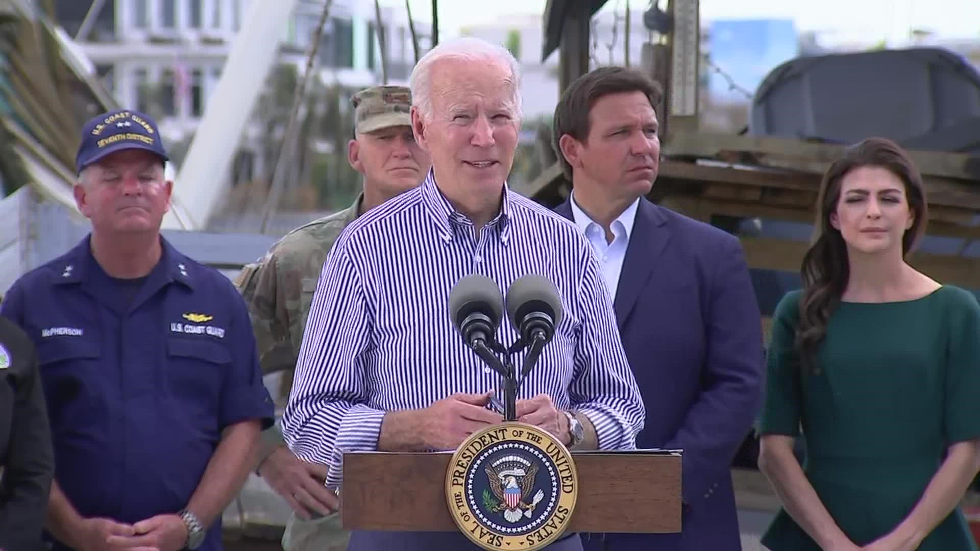President Joe Biden toured hurricane-ravaged areas of Florida on Wednesday, surveying storm damage by helicopter and encouraging local residents on foot.