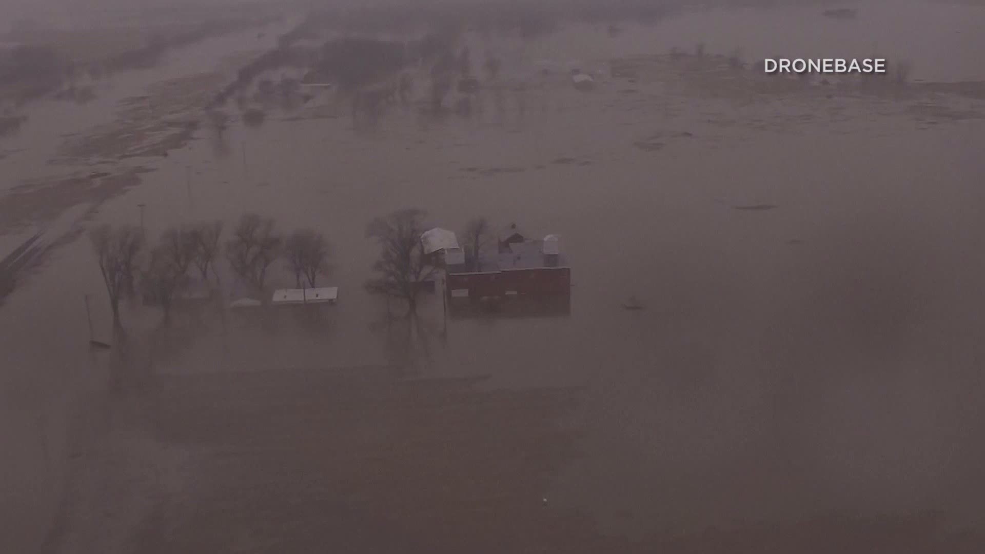 The flooding is expected to continue throughout the week in several states as high water flows down the Missouri River. (CREDIT: DRONEBASE - South of Omaha, Nebraska - 19 March 2019)
