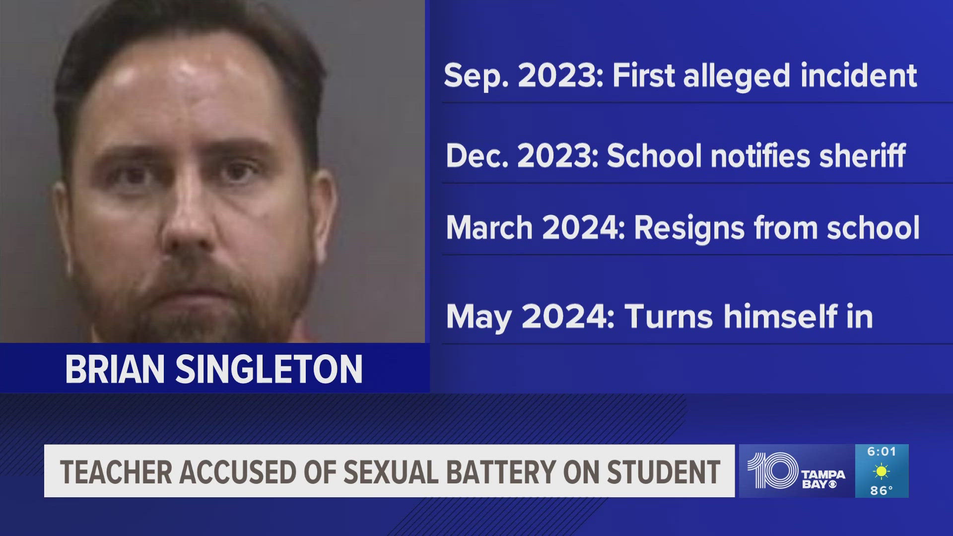 Former art teacher at Gaither High School Brian Singleton is facing two counts of sexual battery and one count of soliciting a sex act with a child.