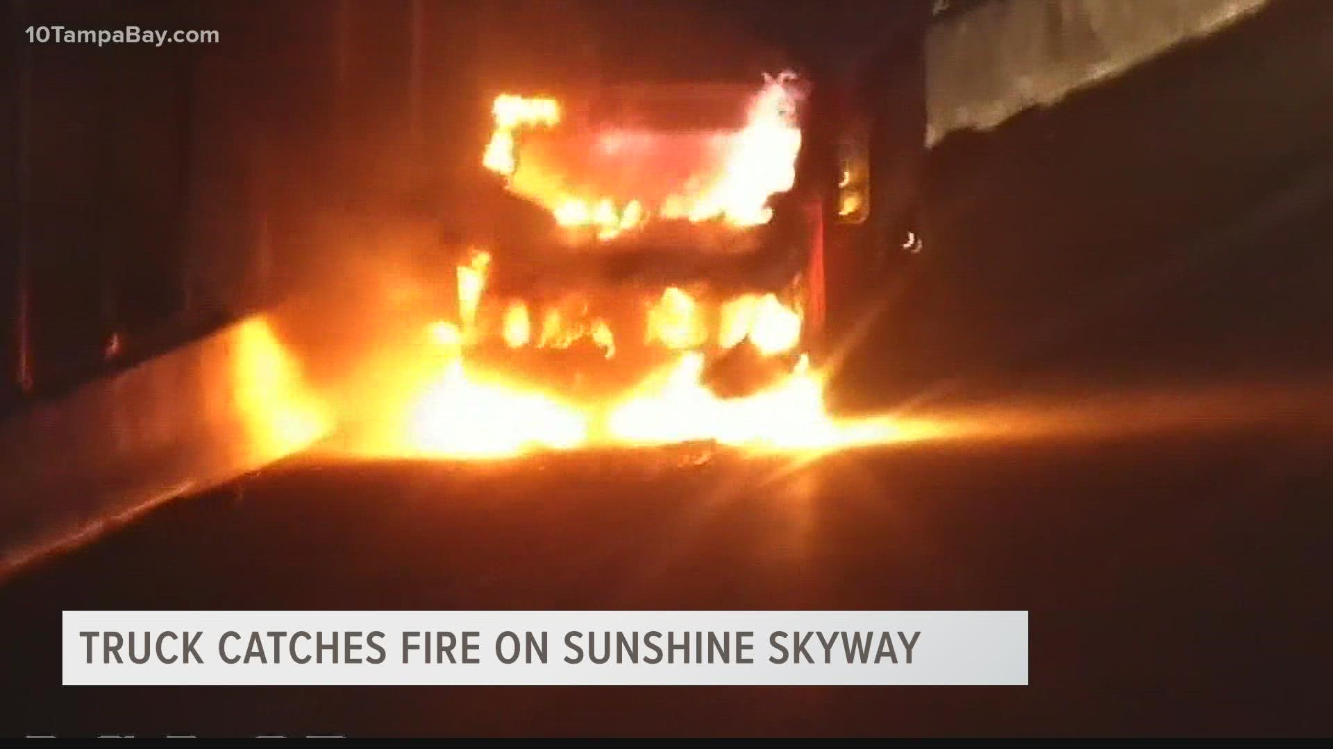 A Brinks truck caught fire Thursday night in the northbound lanes of the Sunshine Skyway Bridge.