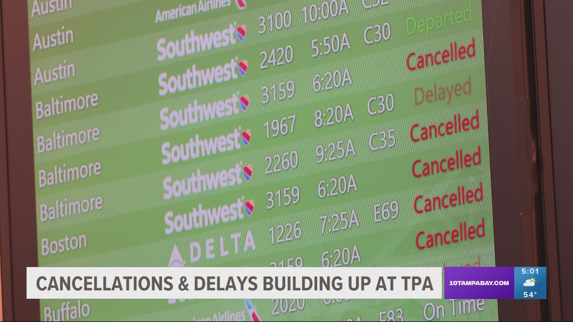TPA has a total of 203 delays and 115 flight cancellations as of Monday evening, according to FlightAware.