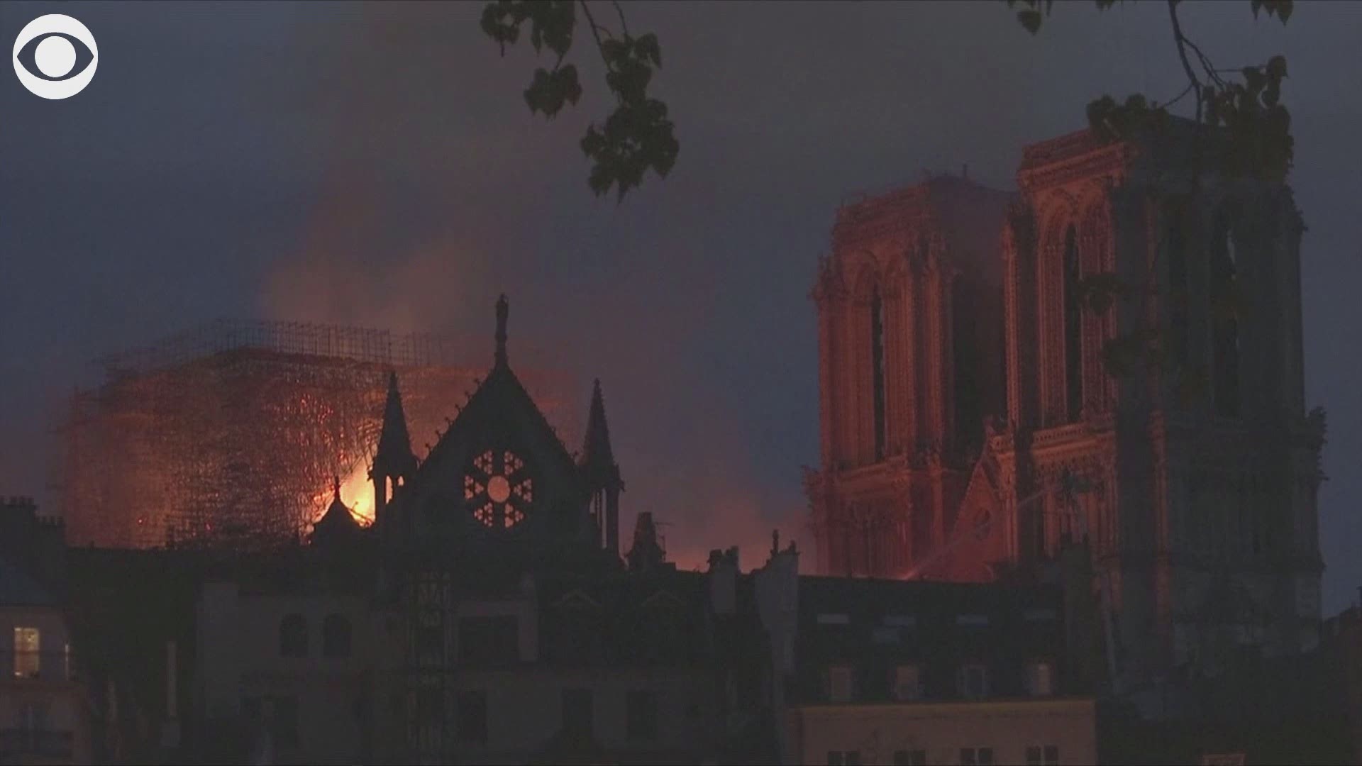 The fire at Notre Dame Cathedral in Paris is burning into the night Monday, April 15, 2019.  A French Interior Ministry official said firefighters might not be able to save the cathedral.