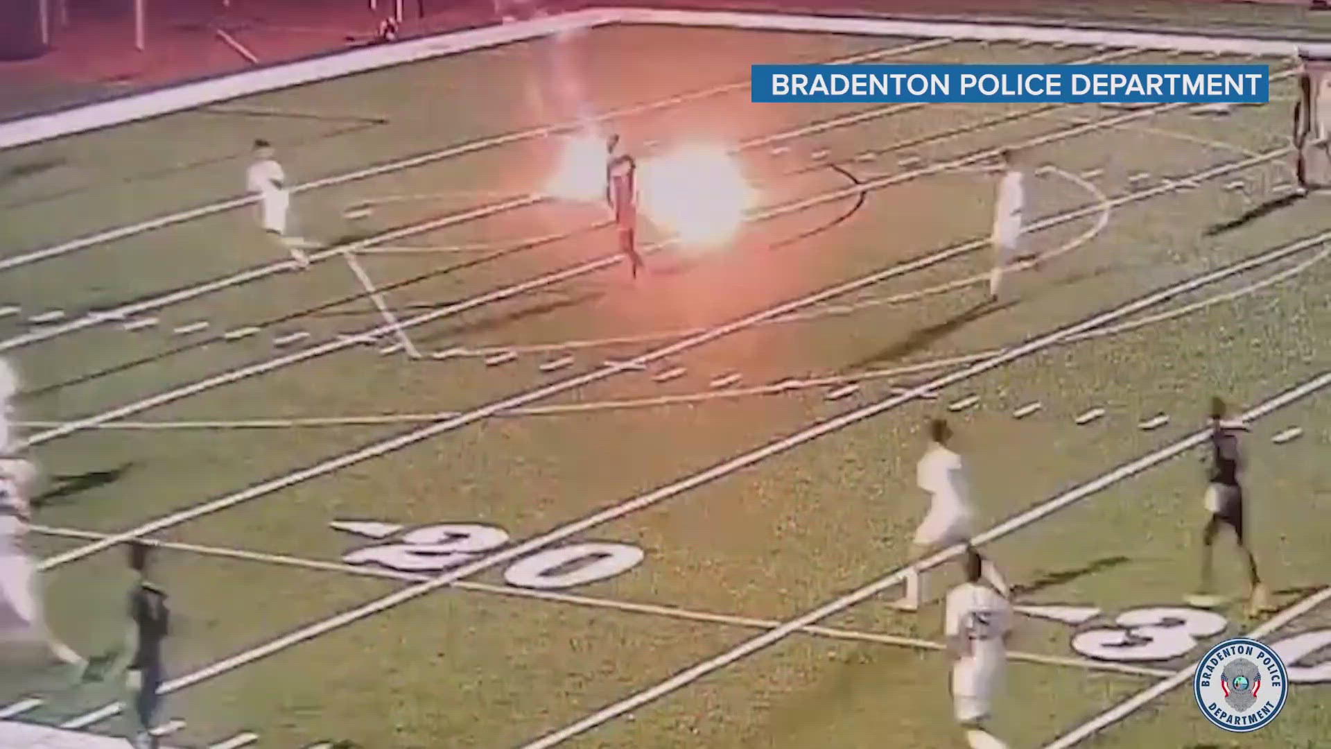 A video shows the flare dropping from the sky and nearly hitting players during the game. The incident caused more than $1,000 in damages.