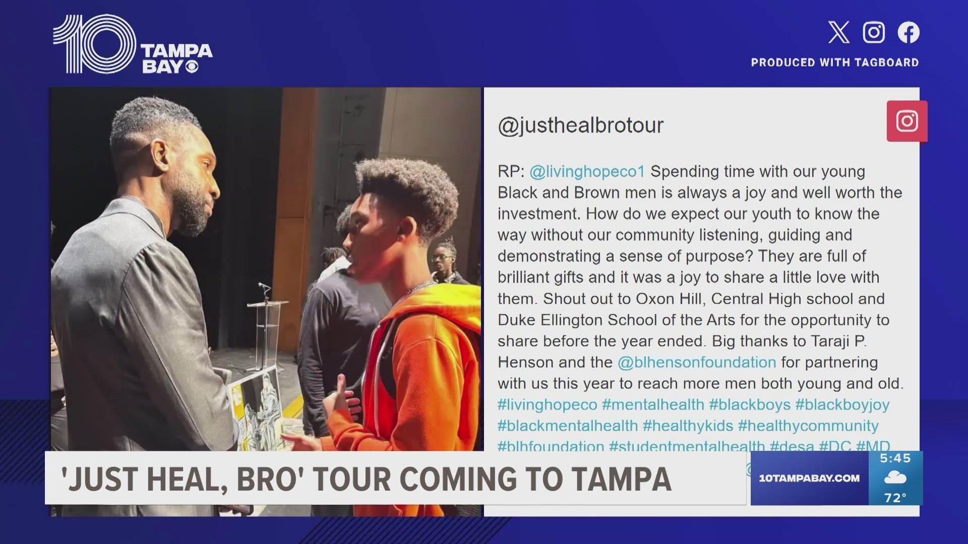 Just Heal, Bro is stopping at USF Tampa on Saturday, Feb. 17, and Foundation for a Healthy St. Petersburg on Sunday, Feb. 18. The event is free.