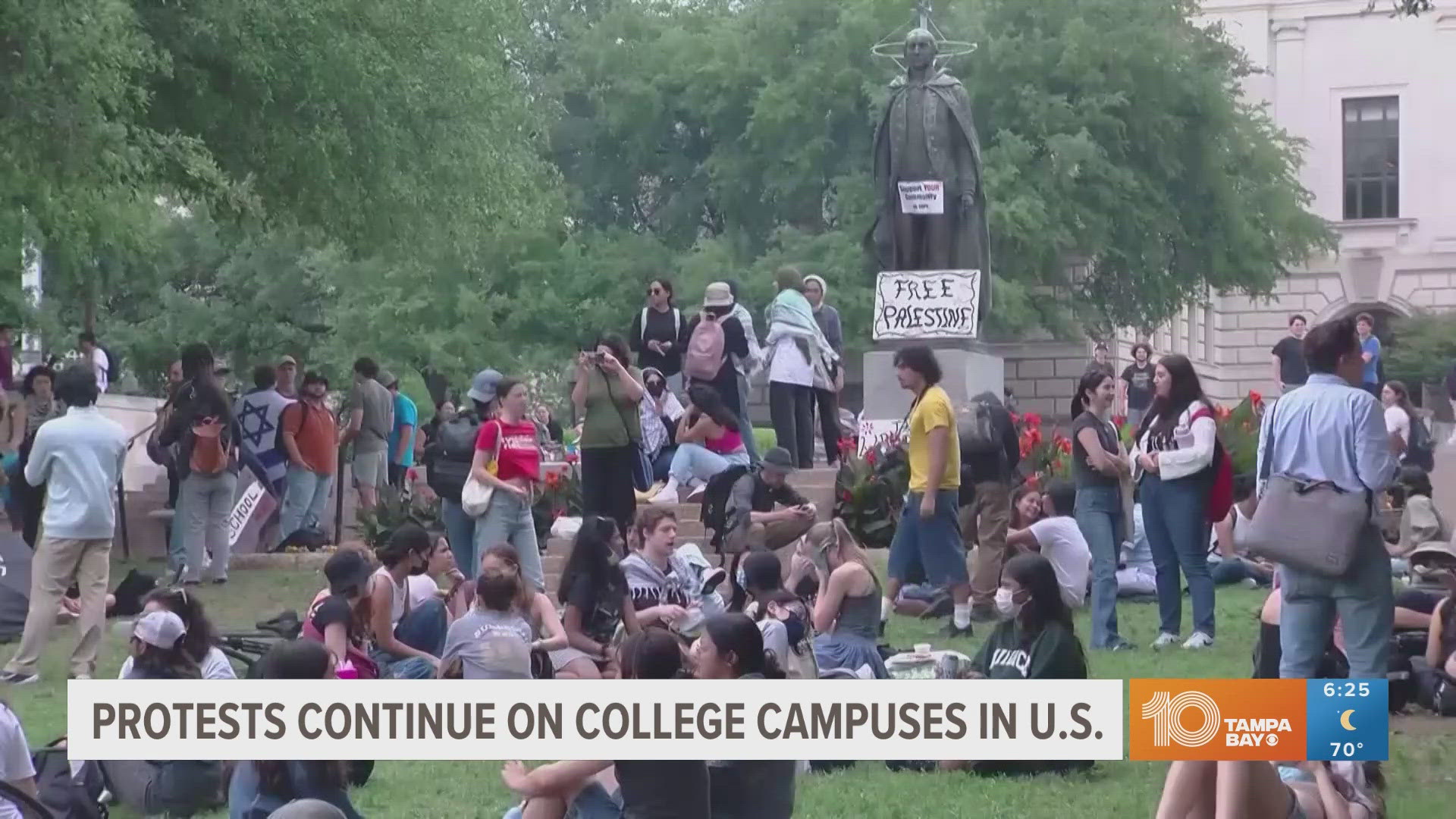 The University of Southern California canceled its main graduation ceremony over security concerns, and more than 50 people were arrested at the University of Texas.