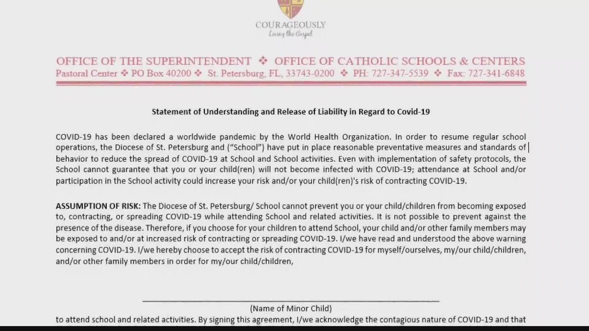 Parents said the Catholic Diocese of St. Petersburg sent home COVID-19 waivers to be signed before school begins.