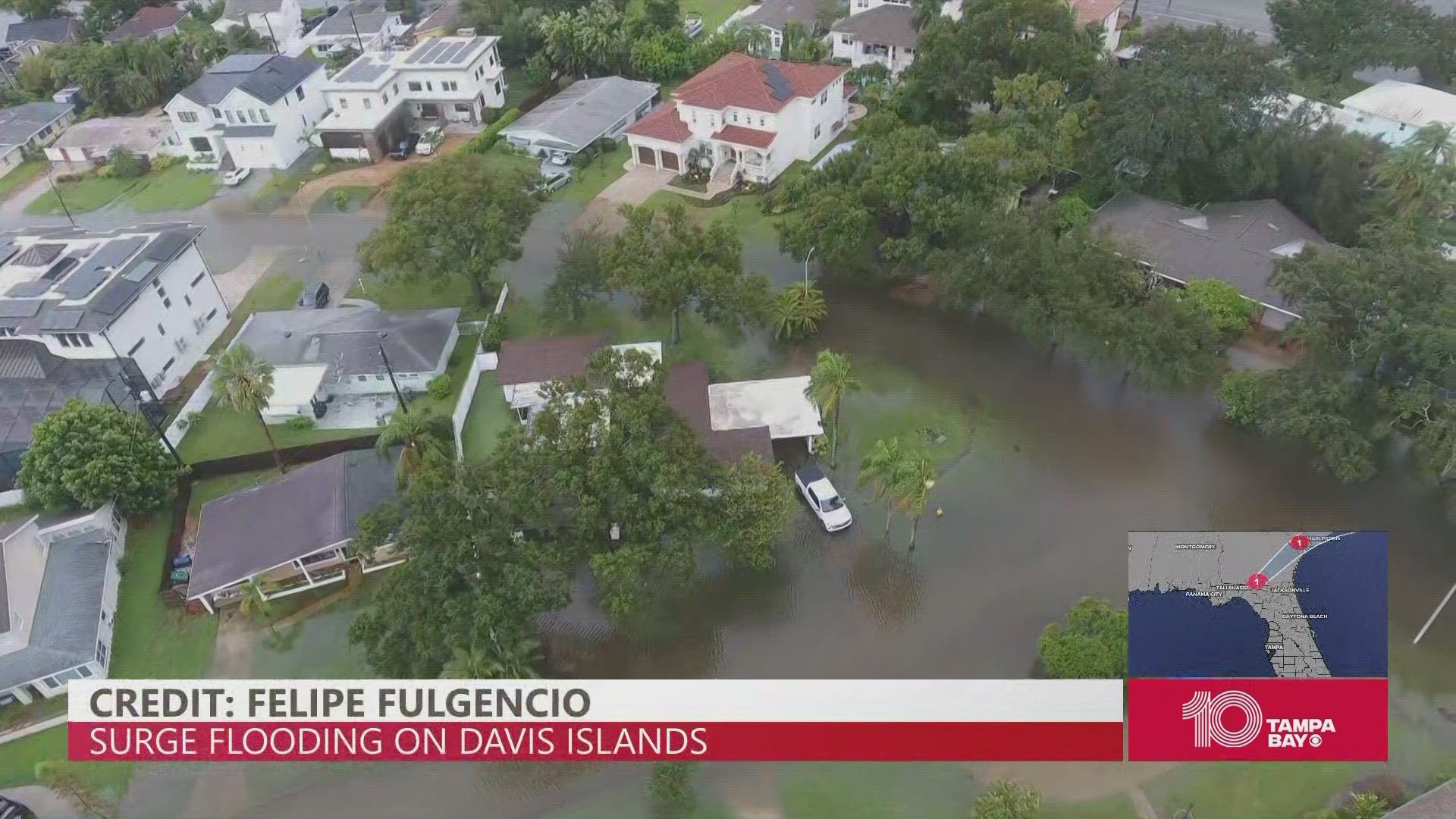 The drone video sent to 10 Tampa Bay by viewer Felipe Fulgencio shows flooding throughout neighborhoods on the Davis Islands.