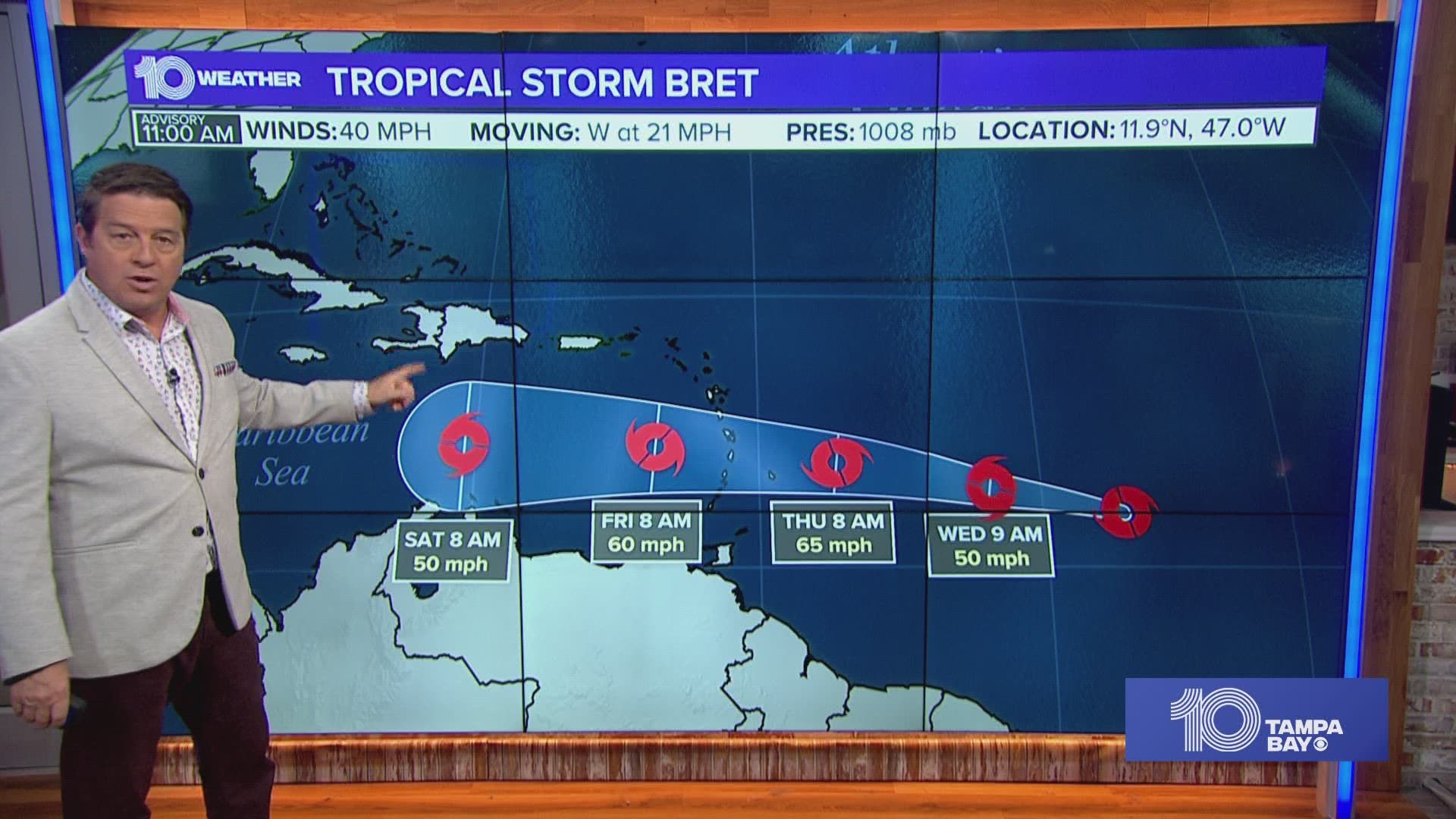 Tropical Storm Bret is expected to bring the risk of heavy rain, gusty winds and dangerous ocean conditions when it nears the Caribbean islands later this week.