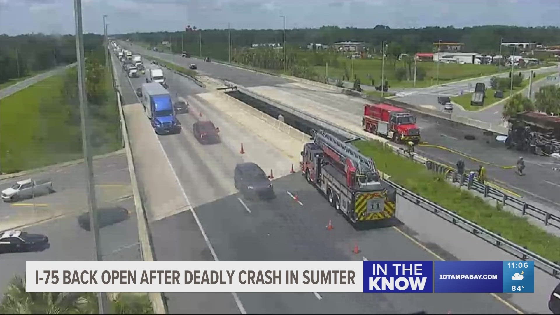 Traffic cameras showed what appeared to be a large truck on its side off the edge of the interstate.