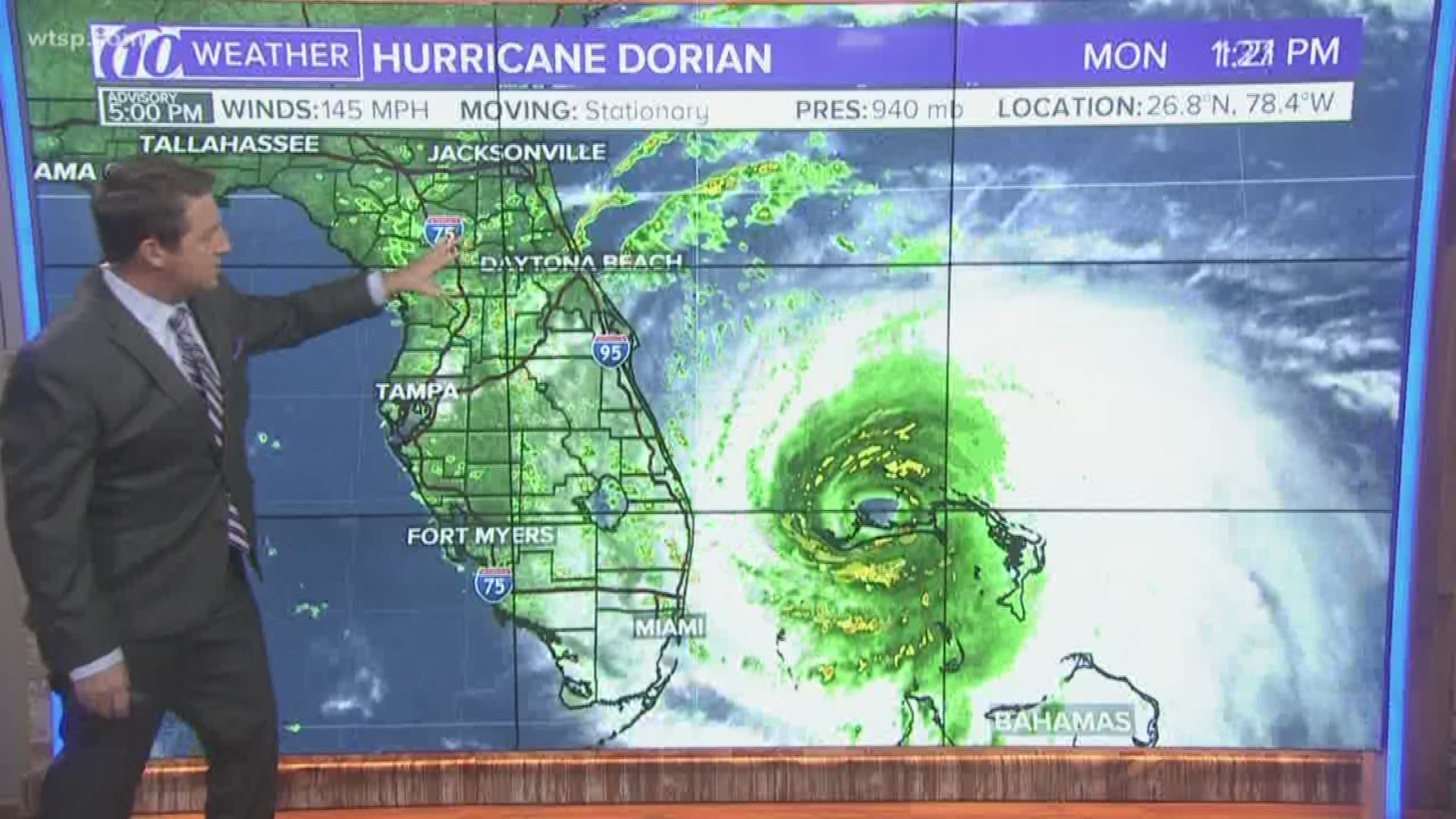 Hurricane Dorian is stationary as it continues to devastate the Bahamas.

The Category 4 hurricane is about 25 miles northeast of Freeport and roughly 105 miles east of West Palm Beach, Florida, according to the National Hurricane Center's latest advisory.

The storm is producing maximum sustained winds up to 145 mph, with Juno Beach, Florida, reporting a sustained tropical-storm-force gust as a result of Dorian being nearby.