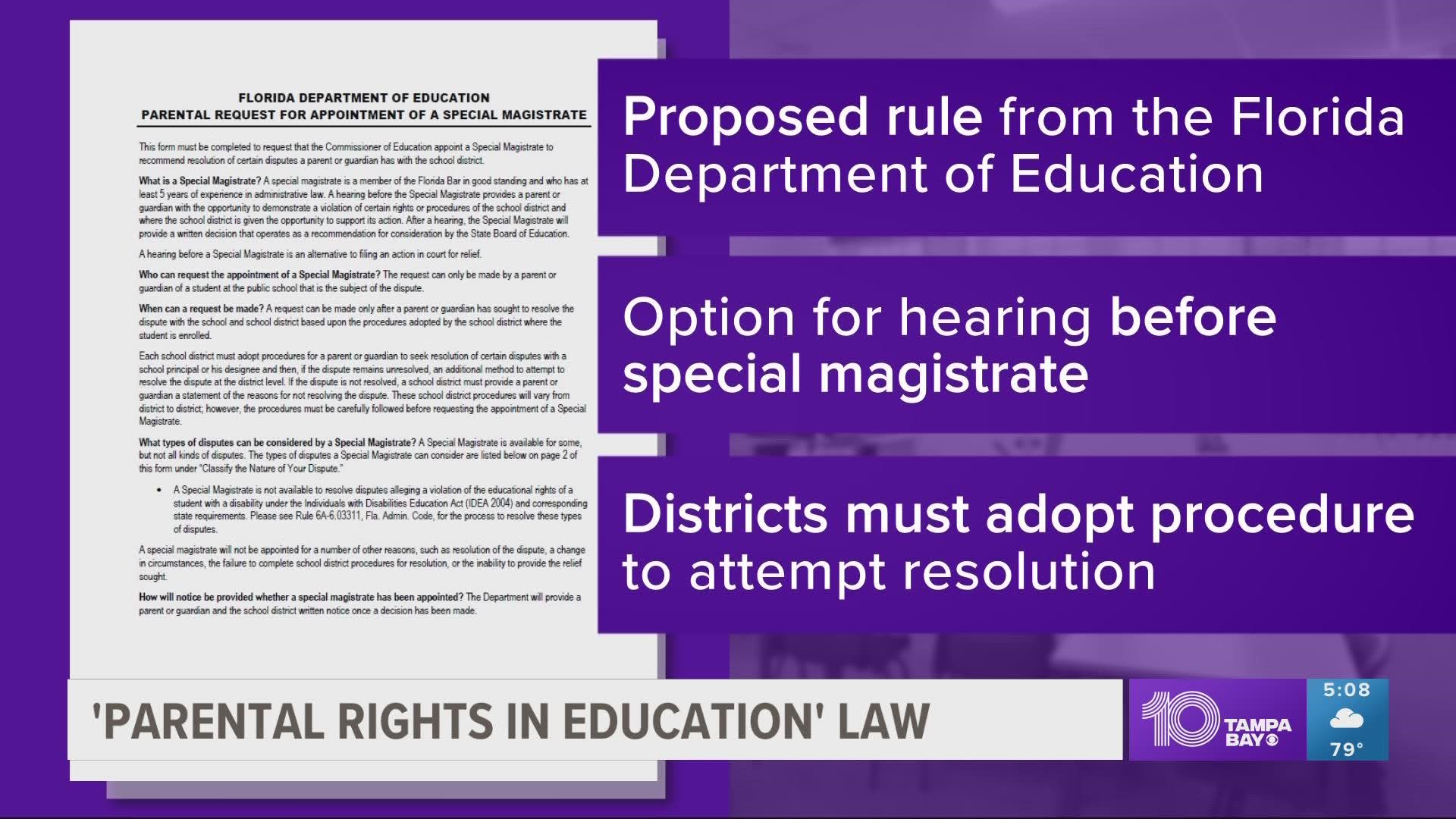 The Florida Department of Education published a proposal for how to carry out the complaint process under the controversial "Parental Rights in Education" law.