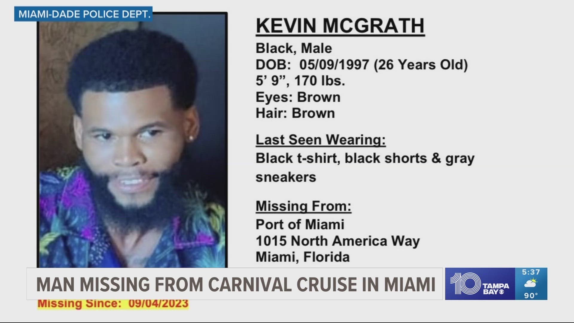 Kevin McGrath, 26, was not found on board despite being seen by his cabinmate after the ship docked at Port Miami.