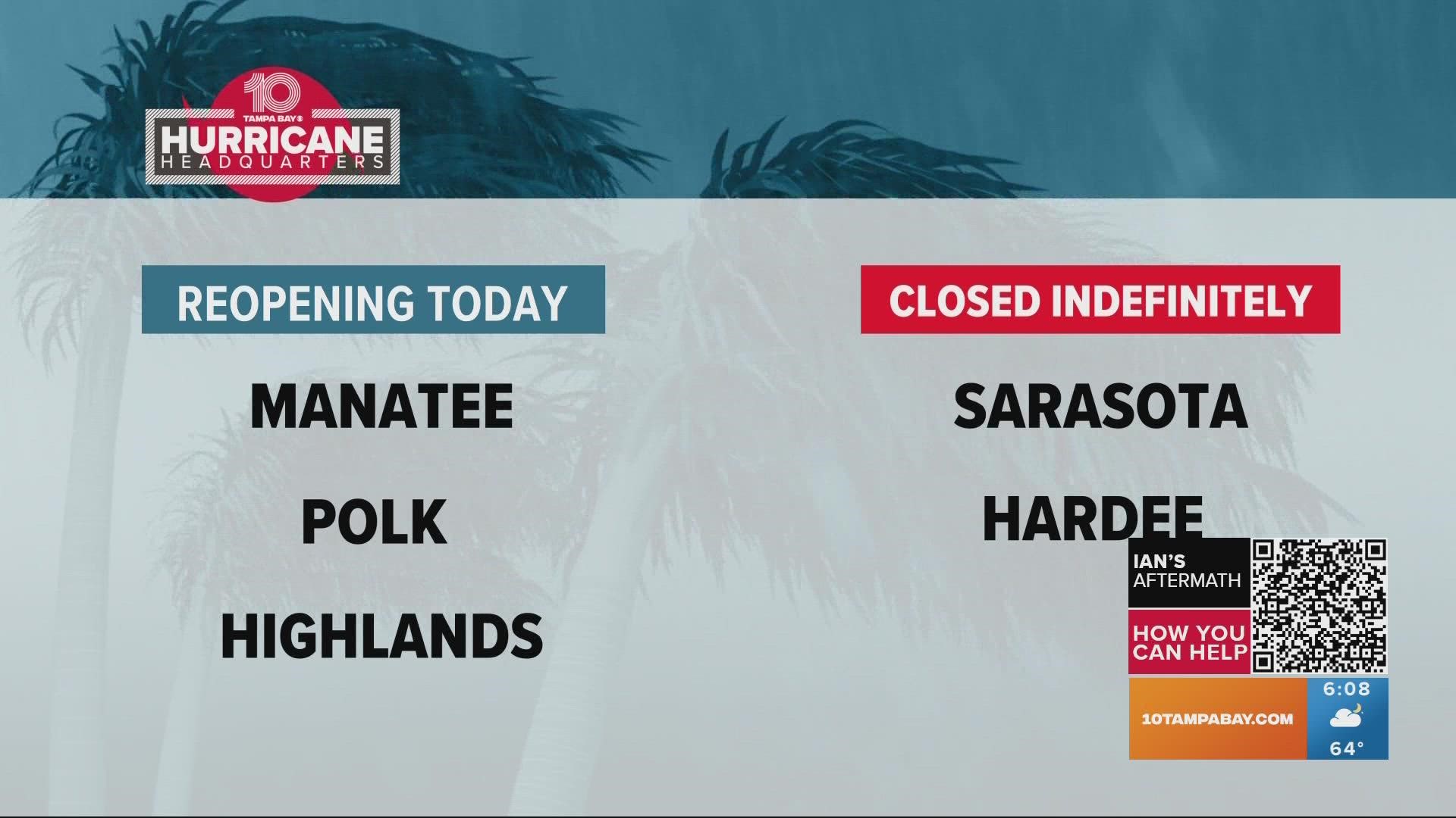 Sarasota and Hardee County schools are close until further notice.