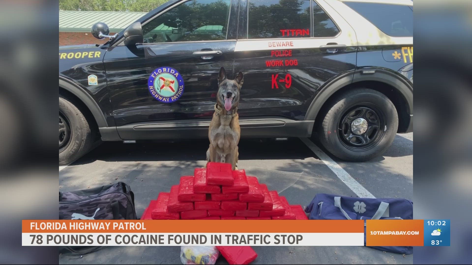 Two men were arrested after 78 pounds of cocaine, stacks of cash and marijuana were found during a traffic stop Friday afternoon in Tampa, according to Florida Highw