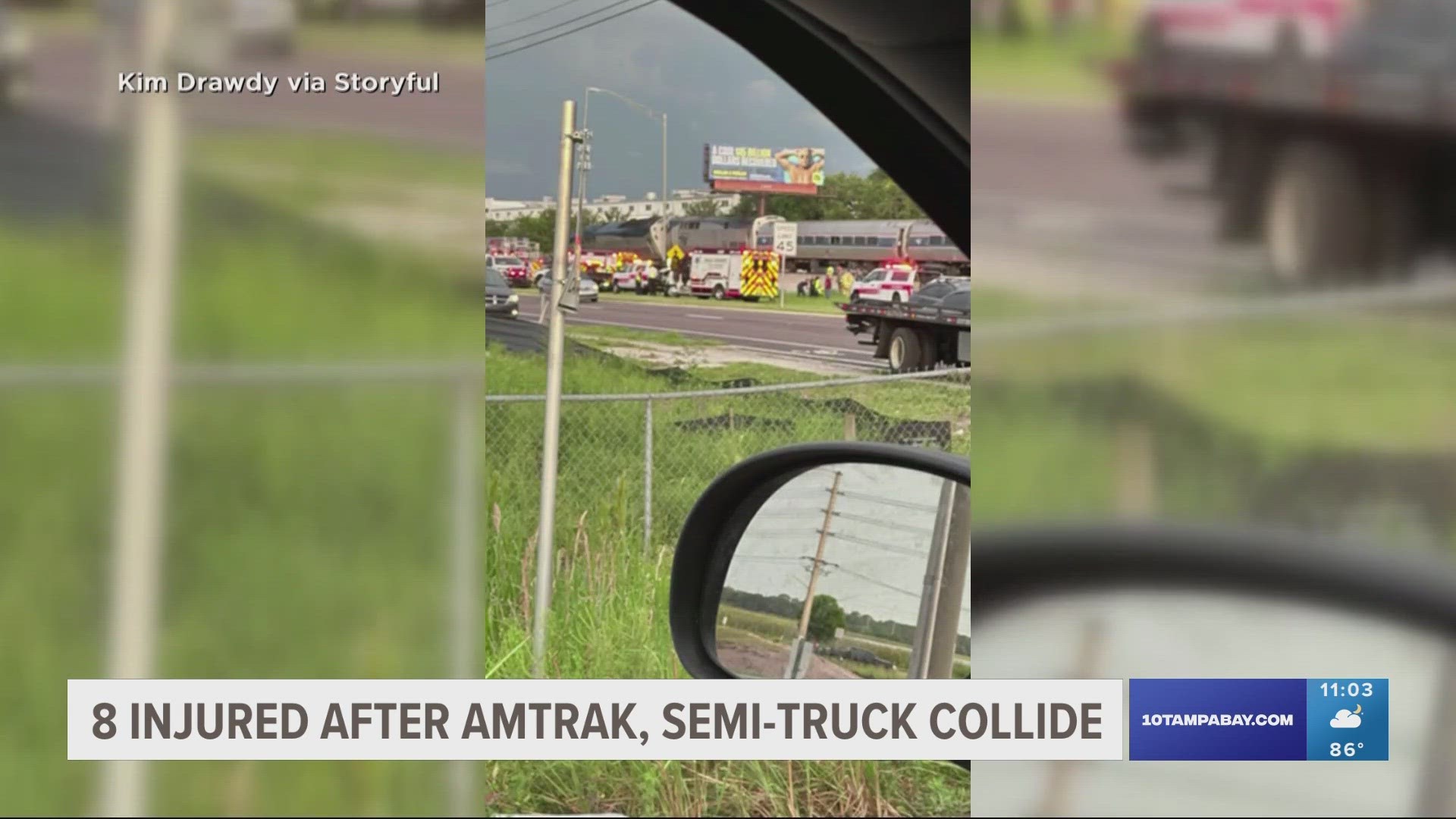 A semi-truck hauling seven vehicles became stuck on a train track right before the crash.